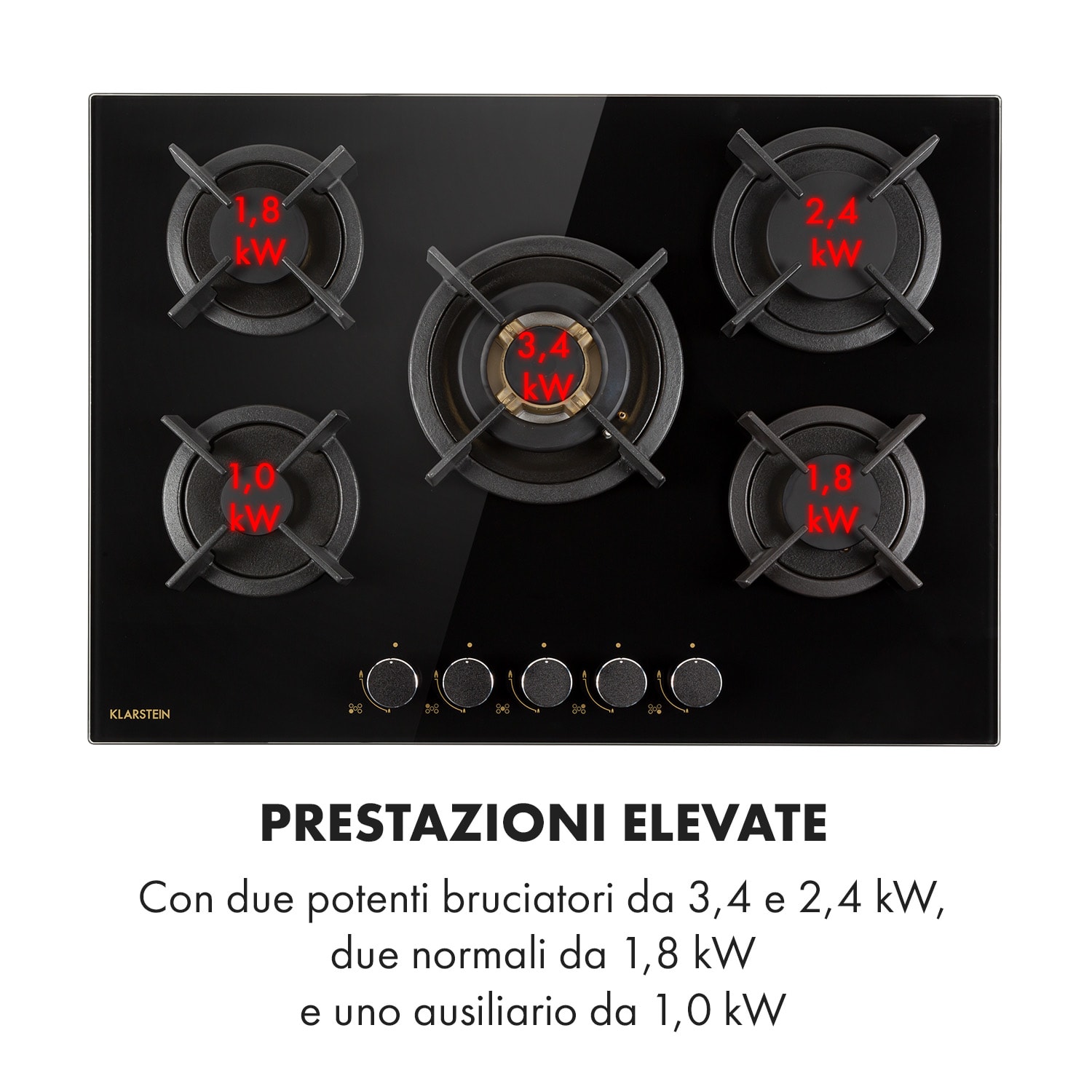 Goldflame 5 piano cottura a gas 5 fuochi bruciatori d'ottone vetroceramica nero 70 cm | 5 bruciatori | Nero