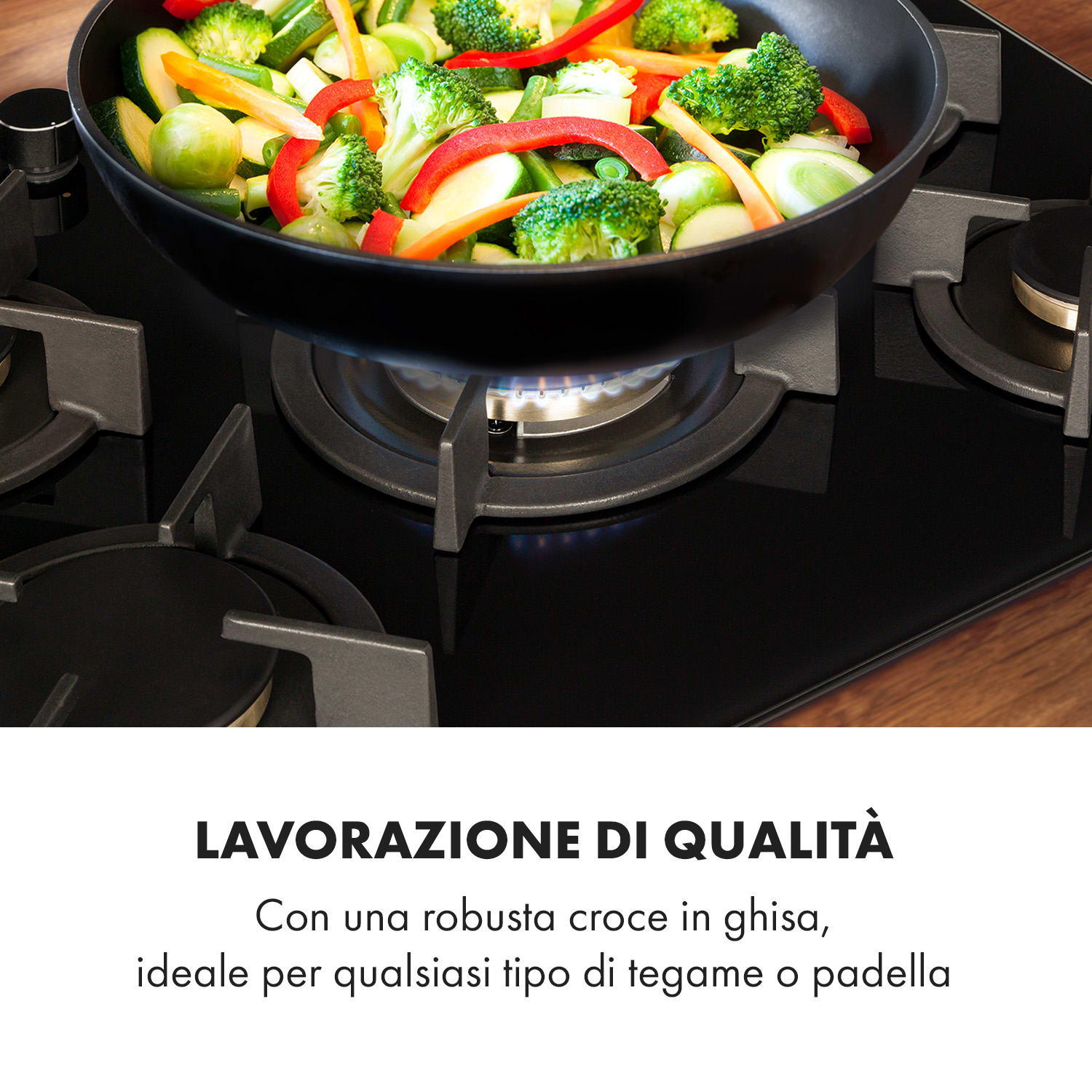 Goldflame 5 piano cottura a gas 5 fuochi bruciatori d'ottone vetroceramica nero 70 cm | 5 bruciatori | Nero