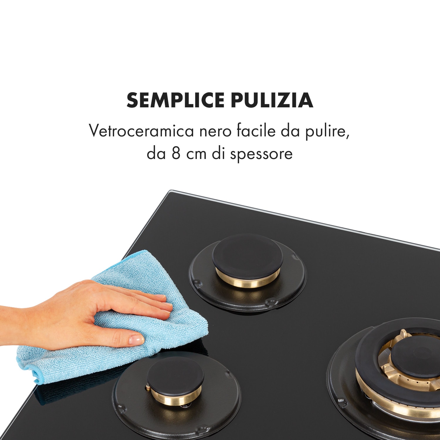 Goldflame 5 piano cottura a gas 5 fuochi bruciatori d'ottone vetroceramica nero 70 cm | 5 bruciatori | Nero