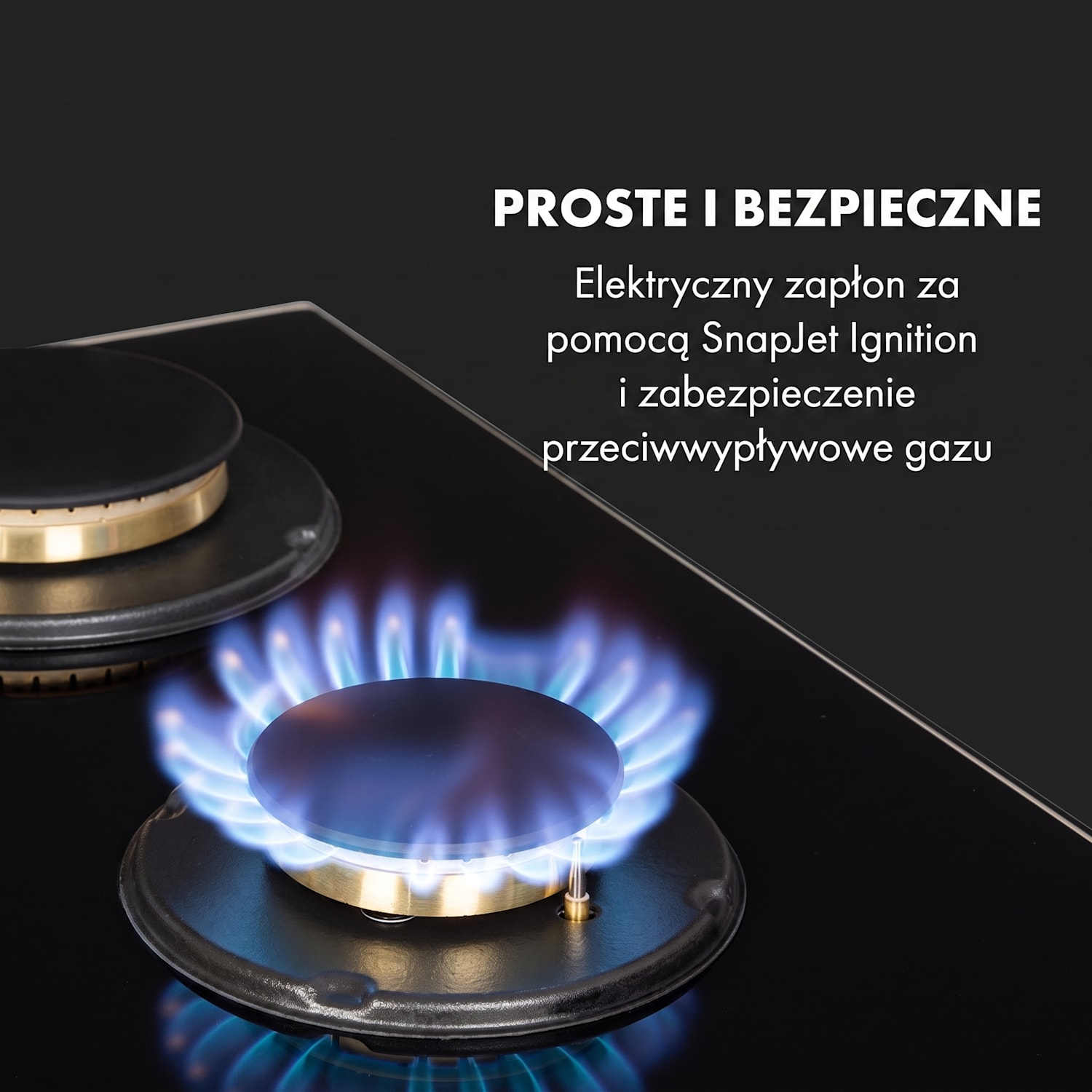 Goldflame 5, płyta gazowa, 5 palników z mosiądzu, szkło ceramiczne 70 cm | 5 palniki | Czarny