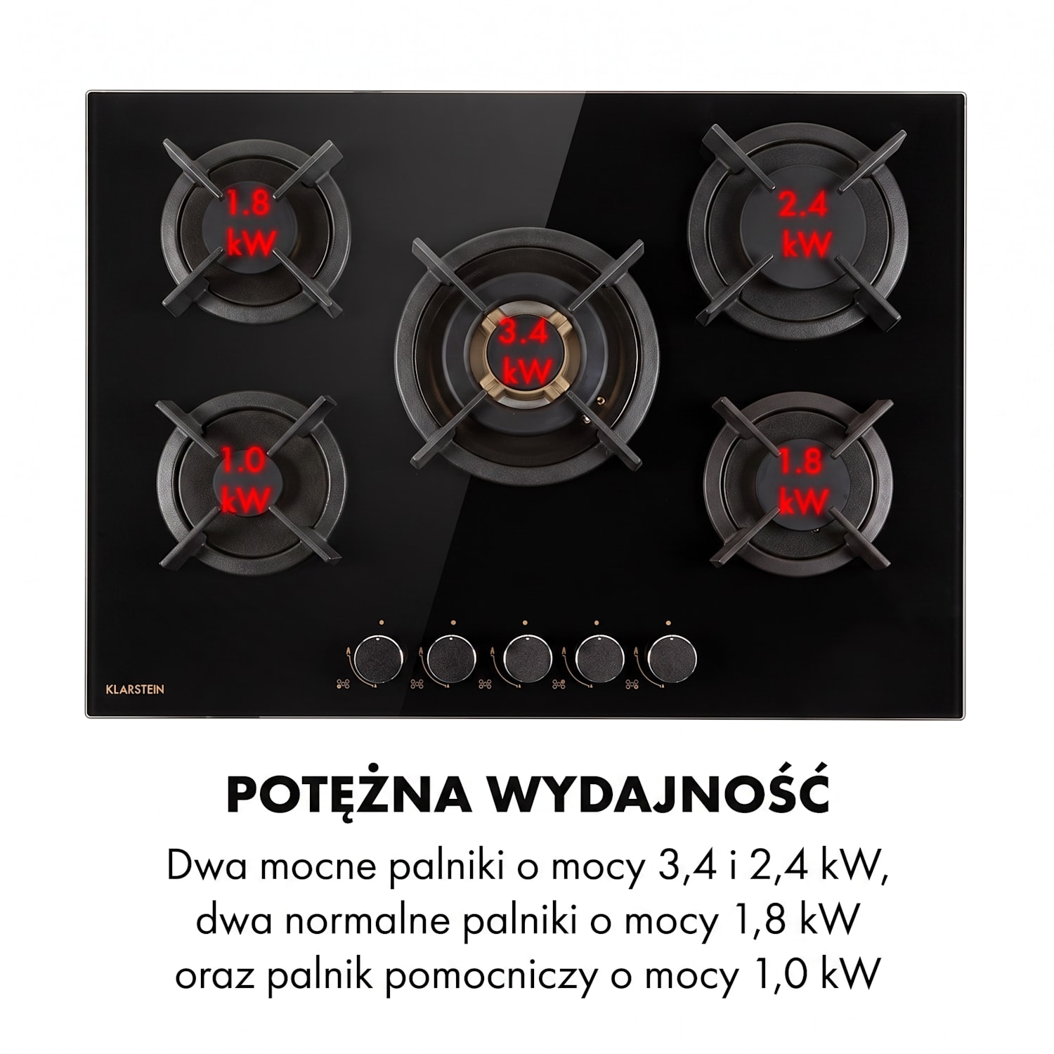 Goldflame 5, płyta gazowa, 5 palników z mosiądzu, szkło ceramiczne 70 cm | 5 palniki | Czarny