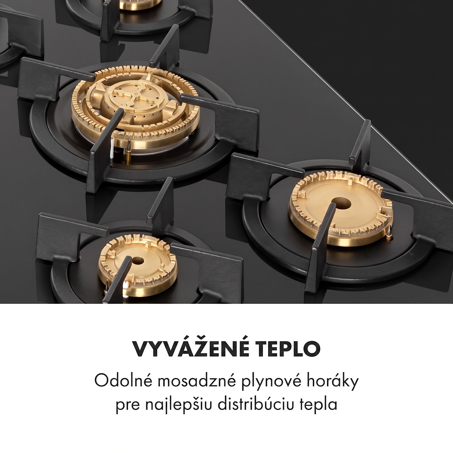 Goldflame 5, plynová varná doska, 5 mosadzné horáky, sklokeramika 70 cm | 5 horákov | Čierna