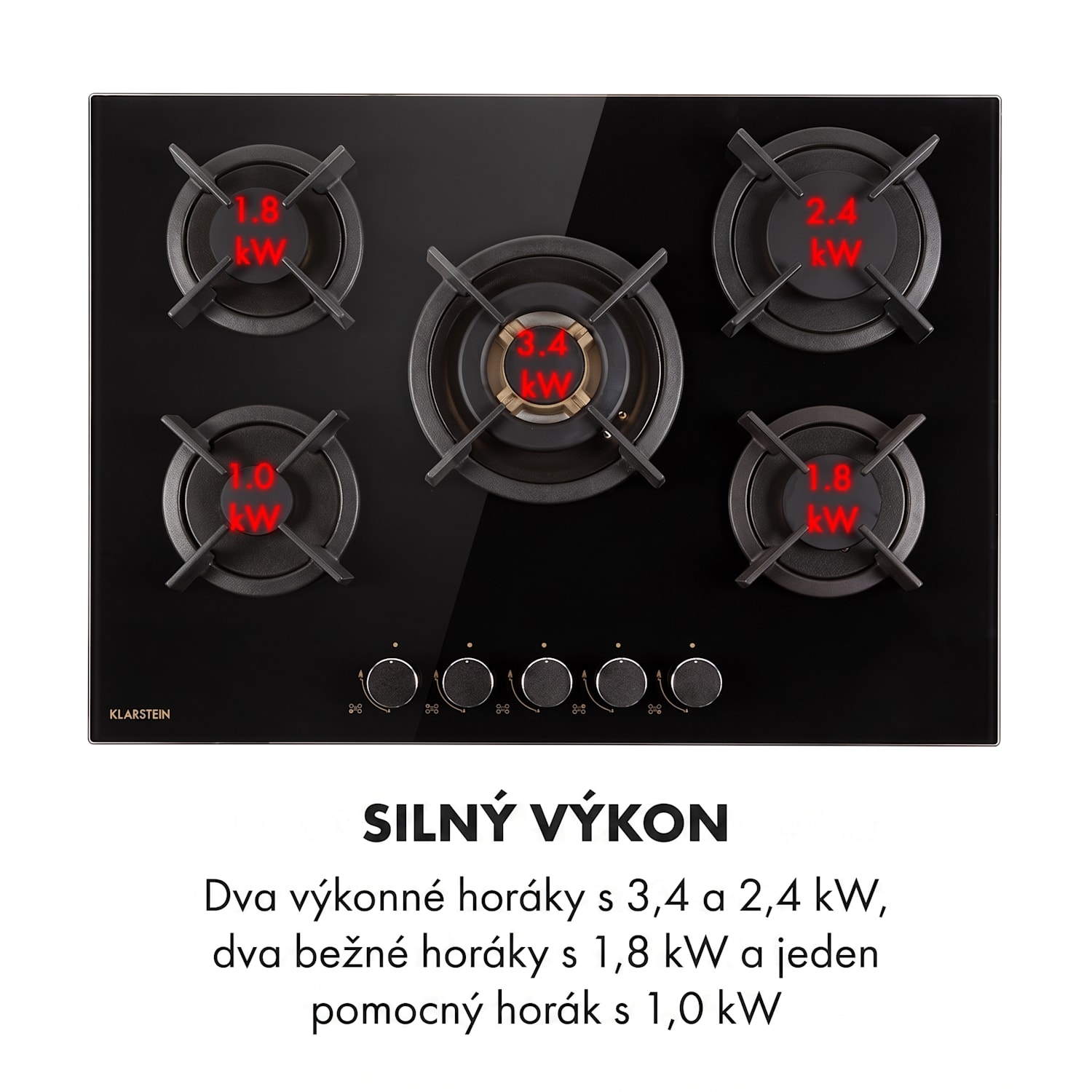 Goldflame 5, plynová varná doska, 5 mosadzné horáky, sklokeramika 70 cm | 5 horákov | Čierna