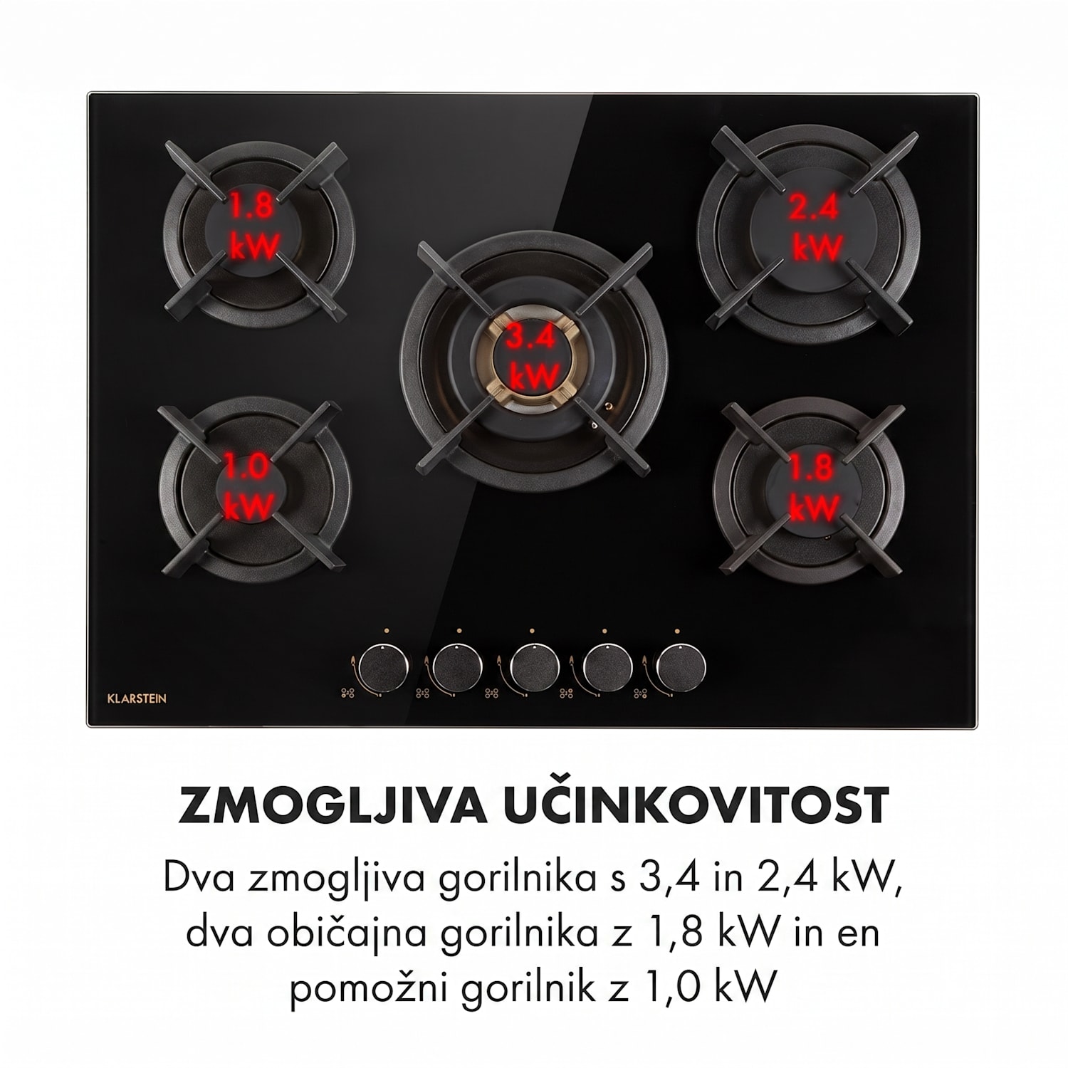 Goldflame 5, plinska kuhalna plošča, 5 medeninastih gorilnikov, steklokeramika, črna 70 cm | 5 gorilnikov | Črna