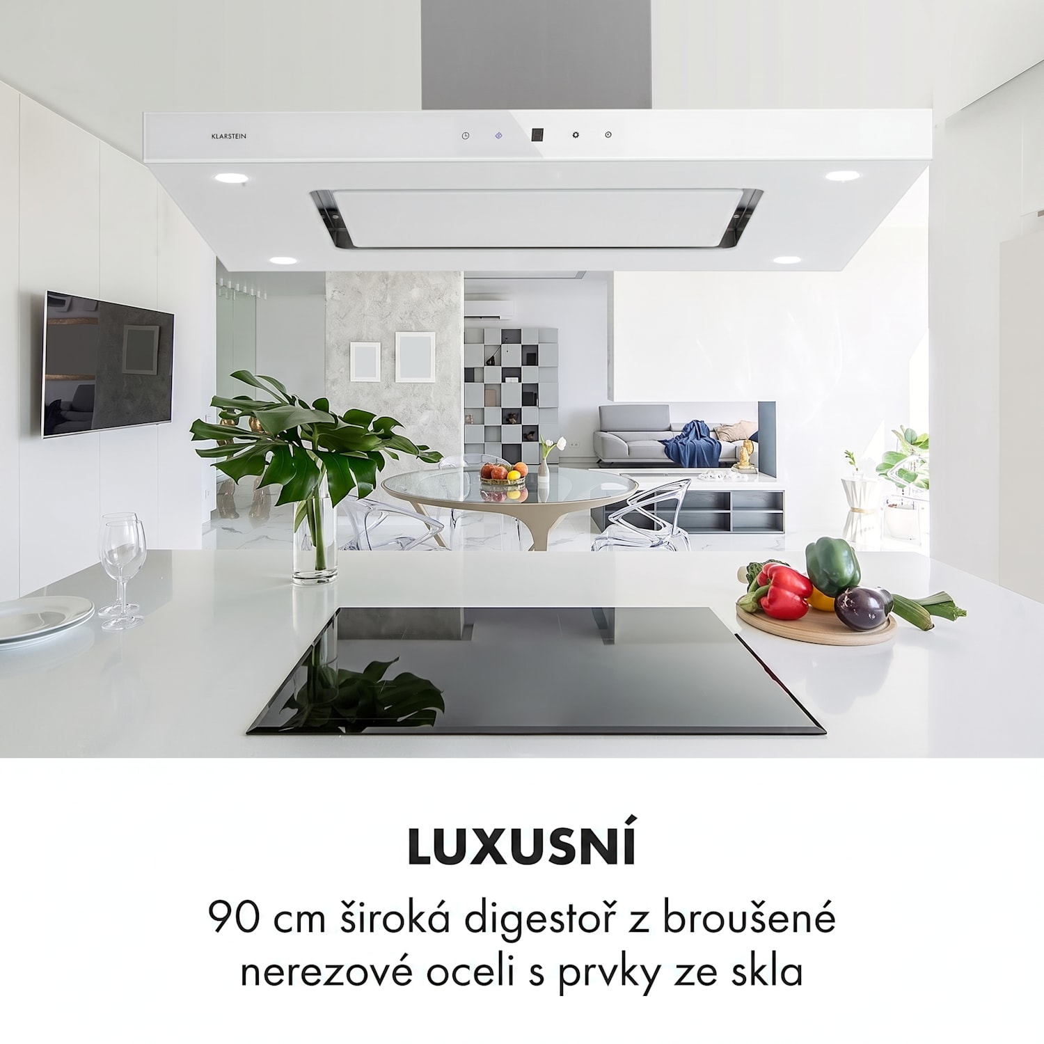 Valeria, digestoř, 90 cm, ostrůvková, 642 m³/h, dotykový panel, LED, sklo, nerezová ocel, bílá Bílá