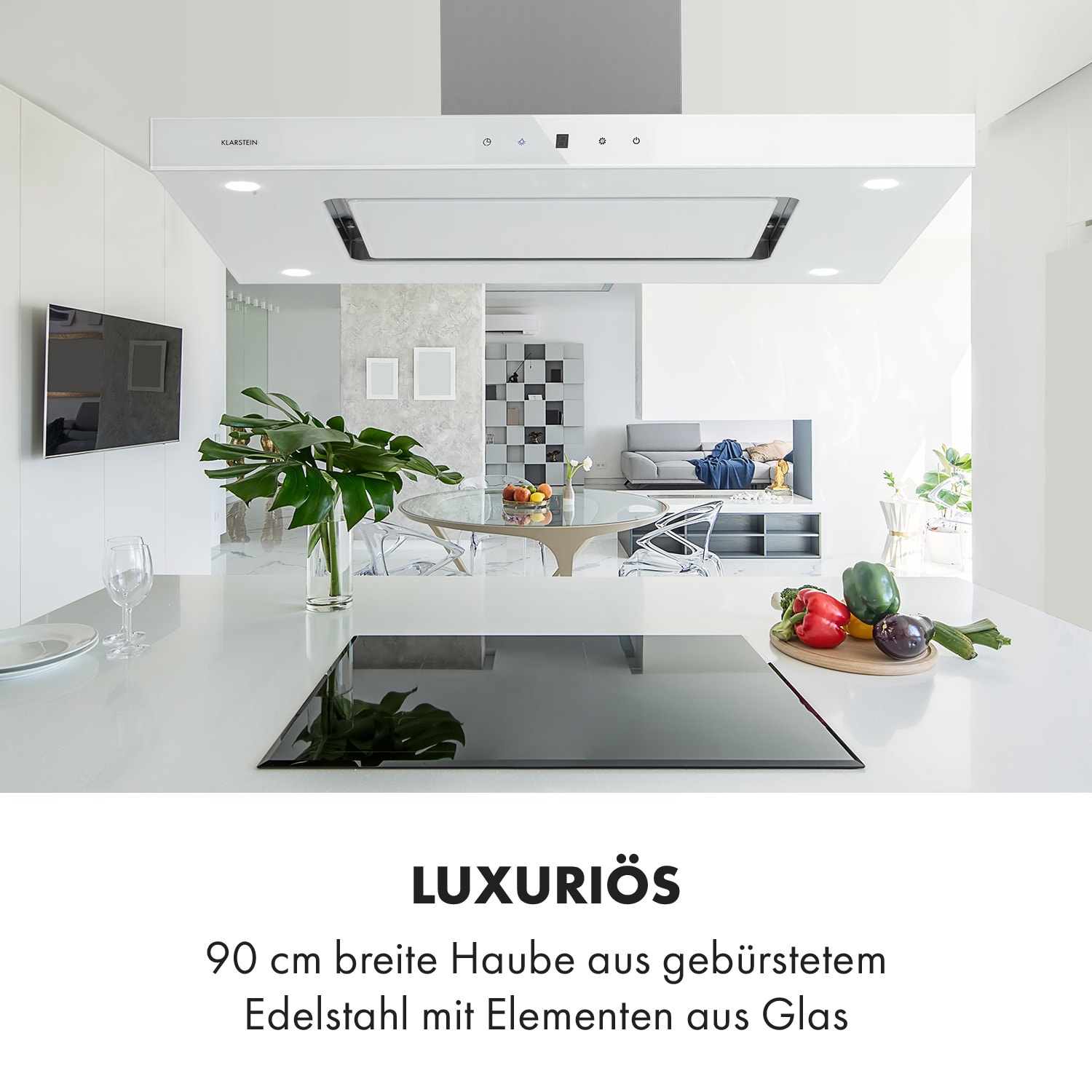 Valeria Inselhaube 90cm 650m³/h Touch EEC A LED Glas Edelstahl Weiß