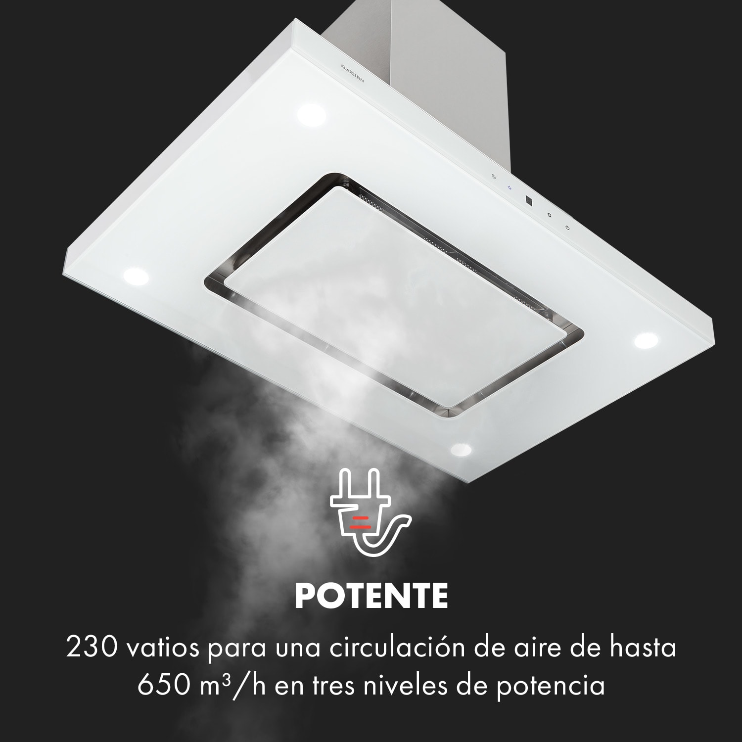 Valeria Campana extractora de isla 90cm 650m³/h Táctil EEC A Led Cristal Acero inoxidable Blanca Blanco