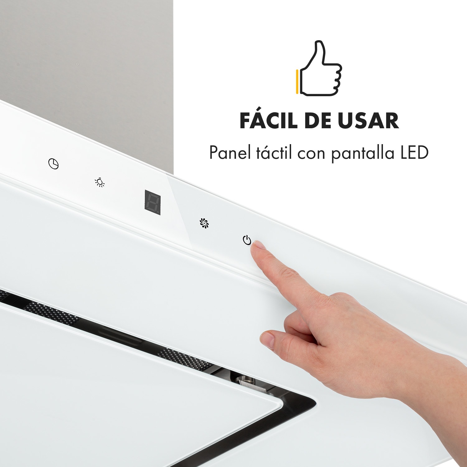 Valeria Campana extractora de isla 90cm 650m³/h Táctil EEC A Led Cristal Acero inoxidable Blanca Blanco