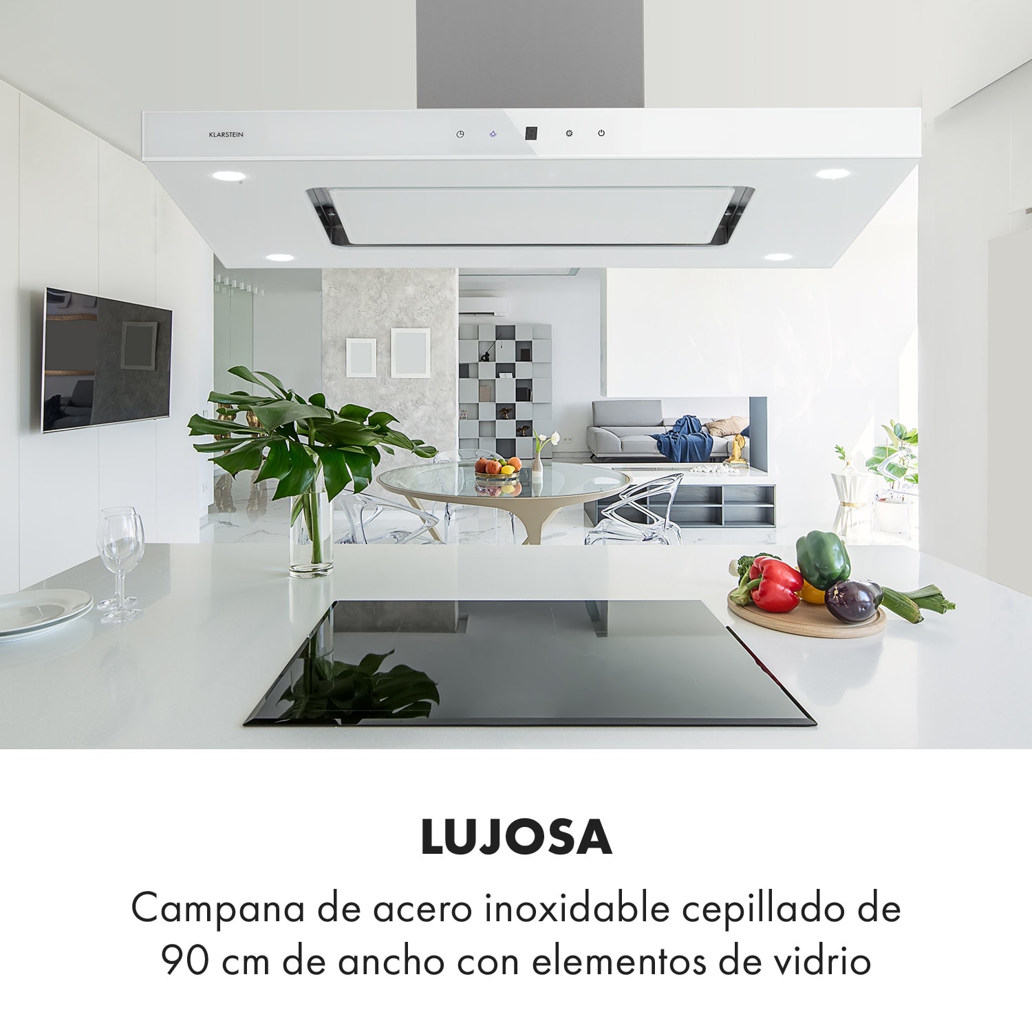 Valeria Campana extractora de isla 90cm 650m³/h Táctil EEC A Led Cristal Acero inoxidable Blanca Blanco