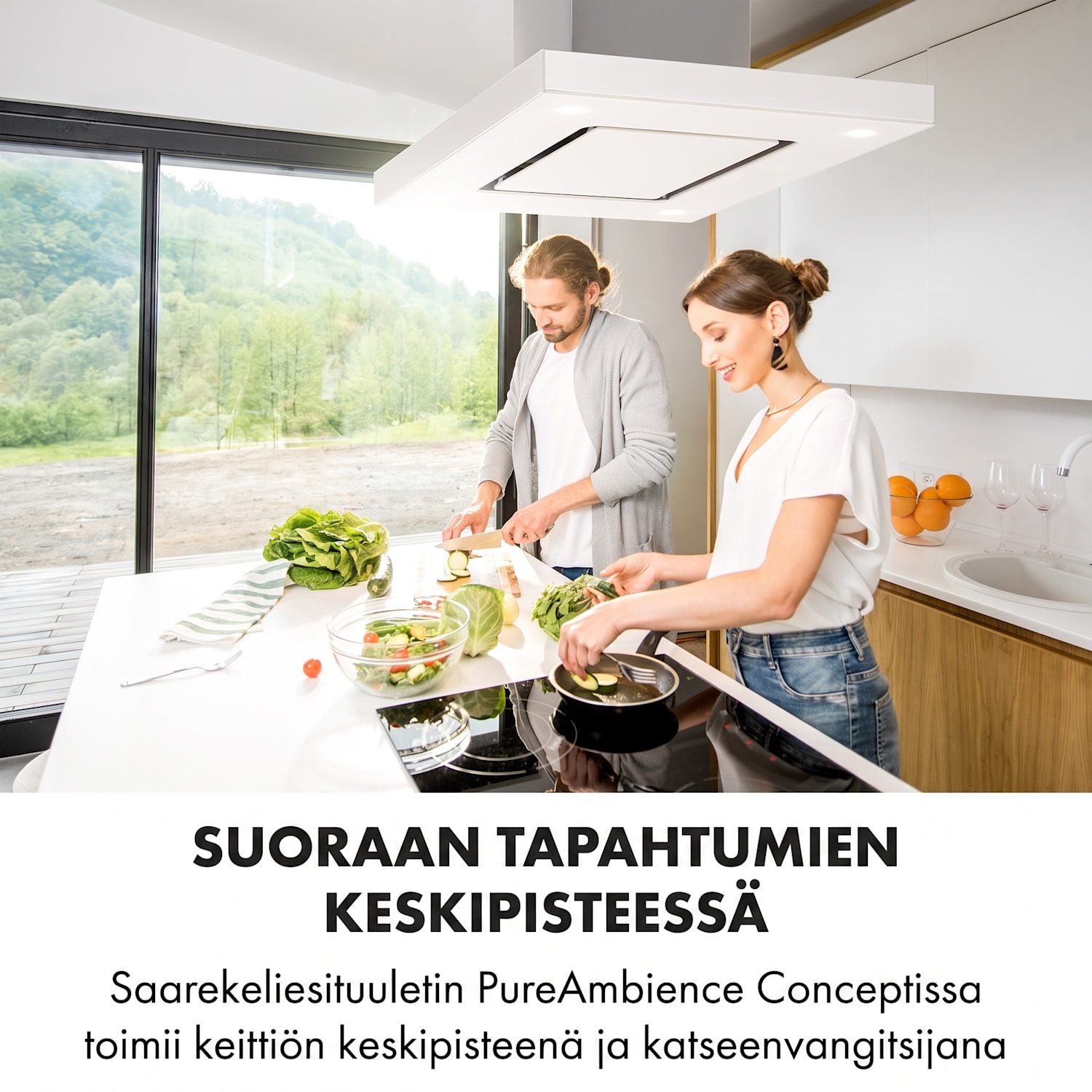 Valeria, saarekeliesituuletin, 90 cm, 642 m³/h, energialuokka A, LED, lasi, ruostumaton teräs, valkoinen Valkoinen