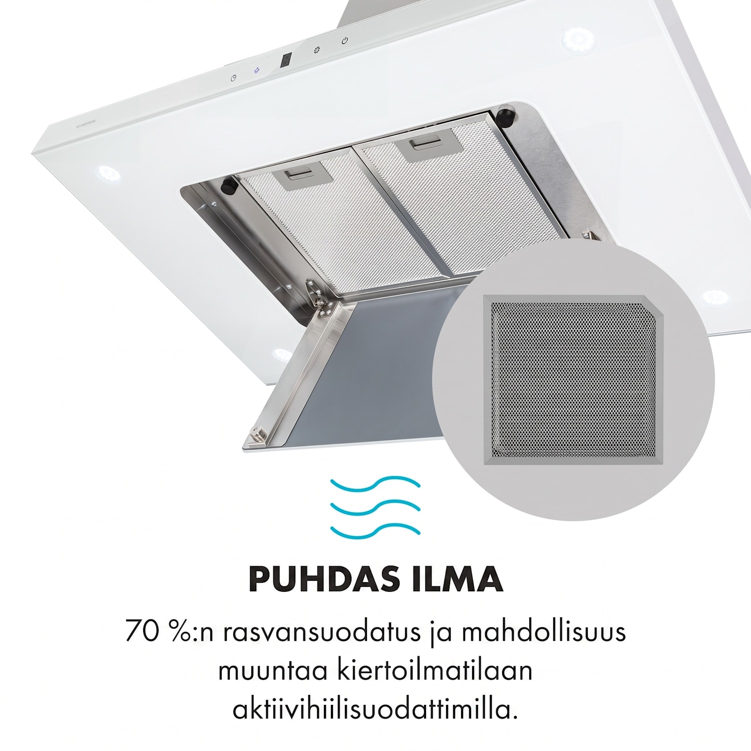Valeria, saarekeliesituuletin, 90 cm, 642 m³/h, energialuokka A, LED, lasi, ruostumaton teräs, valkoinen Valkoinen