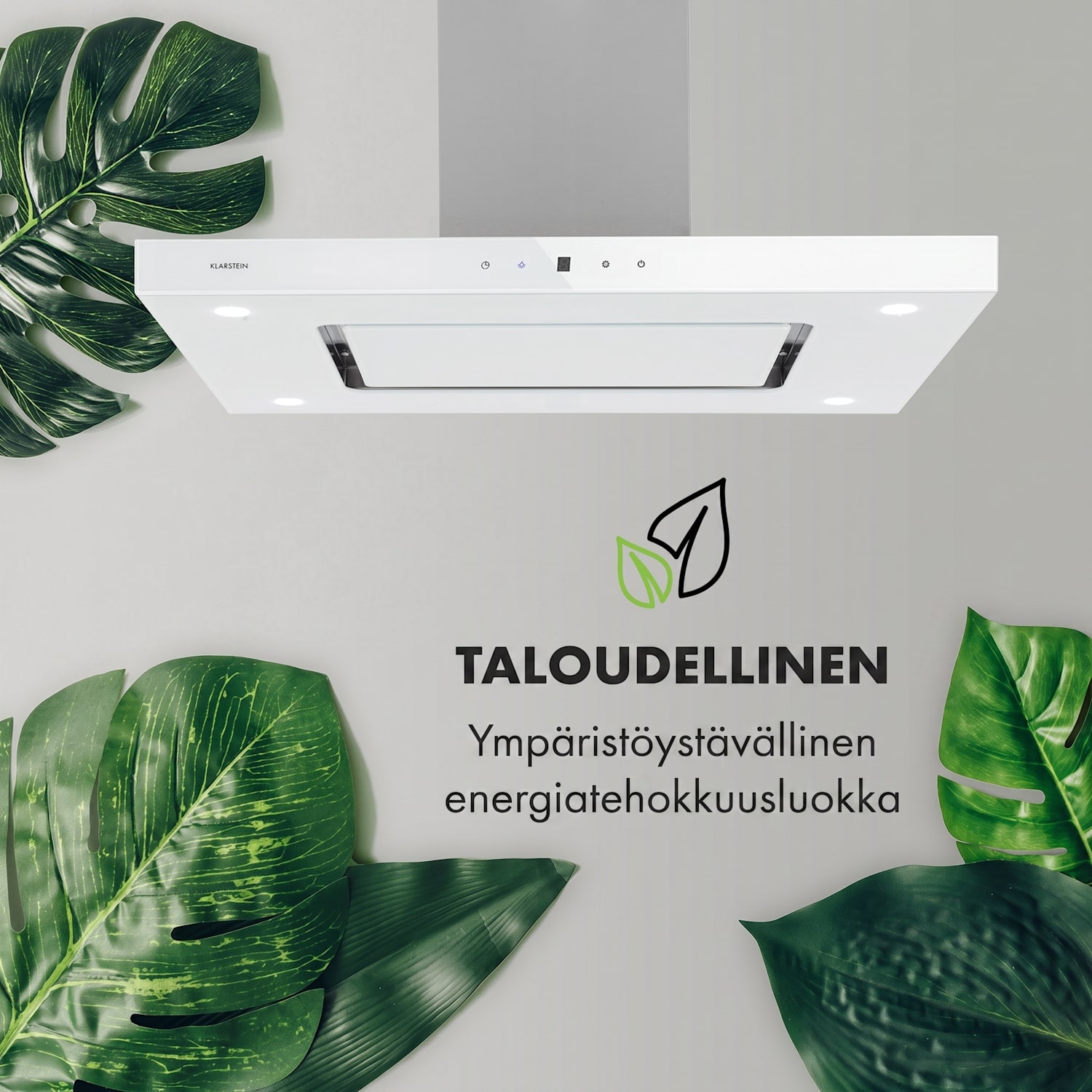 Valeria, saarekeliesituuletin, 90 cm, 642 m³/h, energialuokka A, LED, lasi, ruostumaton teräs, valkoinen Valkoinen