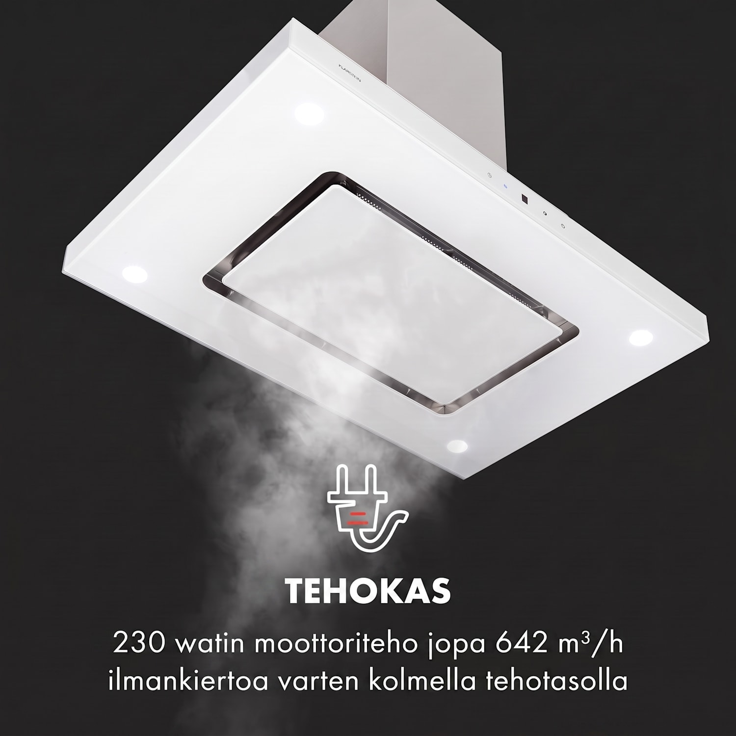 Valeria, saarekeliesituuletin, 90 cm, 642 m³/h, energialuokka A, LED, lasi, ruostumaton teräs, valkoinen Valkoinen