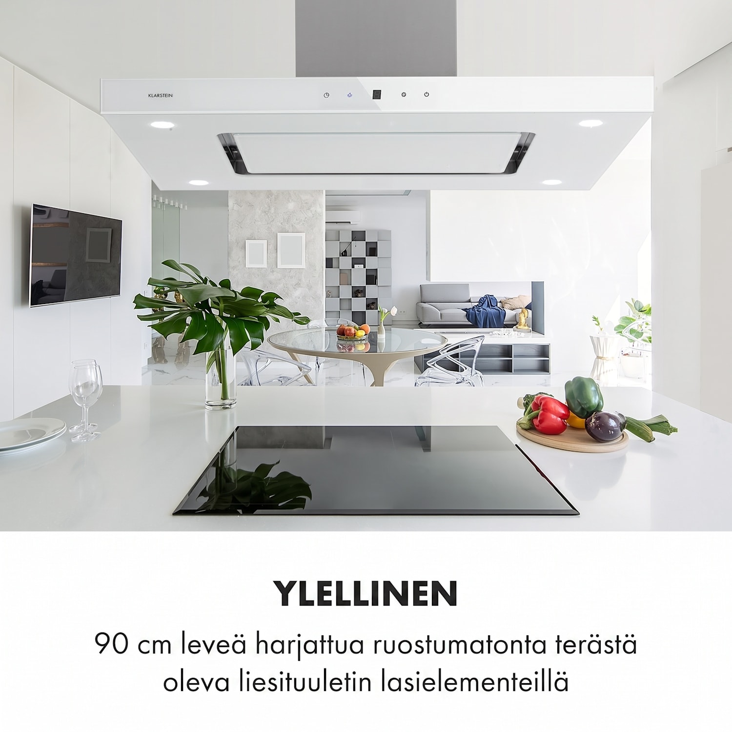 Valeria, saarekeliesituuletin, 90 cm, 642 m³/h, energialuokka A, LED, lasi, ruostumaton teräs, valkoinen Valkoinen
