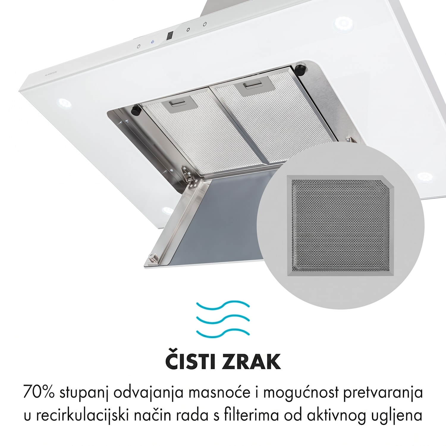 Valeria, otočna napa, 90 cm, 642 m³ / h, dodir, energetski razred A, LED, staklo, nehrđajući čelik, bijela Bijela