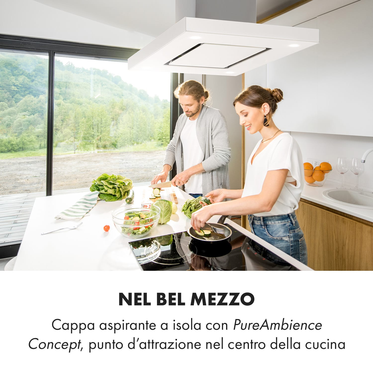 Valeria, cappa a isola, 90cm, 650m³/h, touch, EEC A, LED, vetro, acciaio inox, bianco Bianco