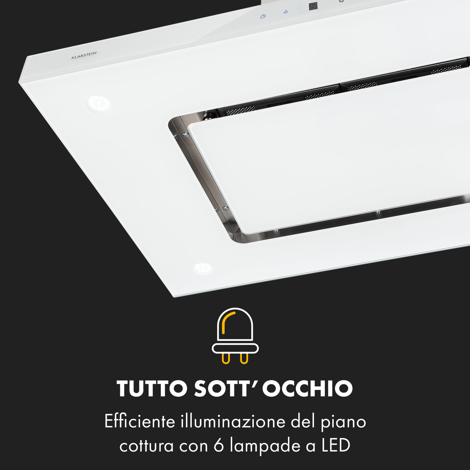 Valeria, cappa a isola, 90cm, 650m³/h, touch, EEC A, LED, vetro, acciaio inox, bianco Bianco