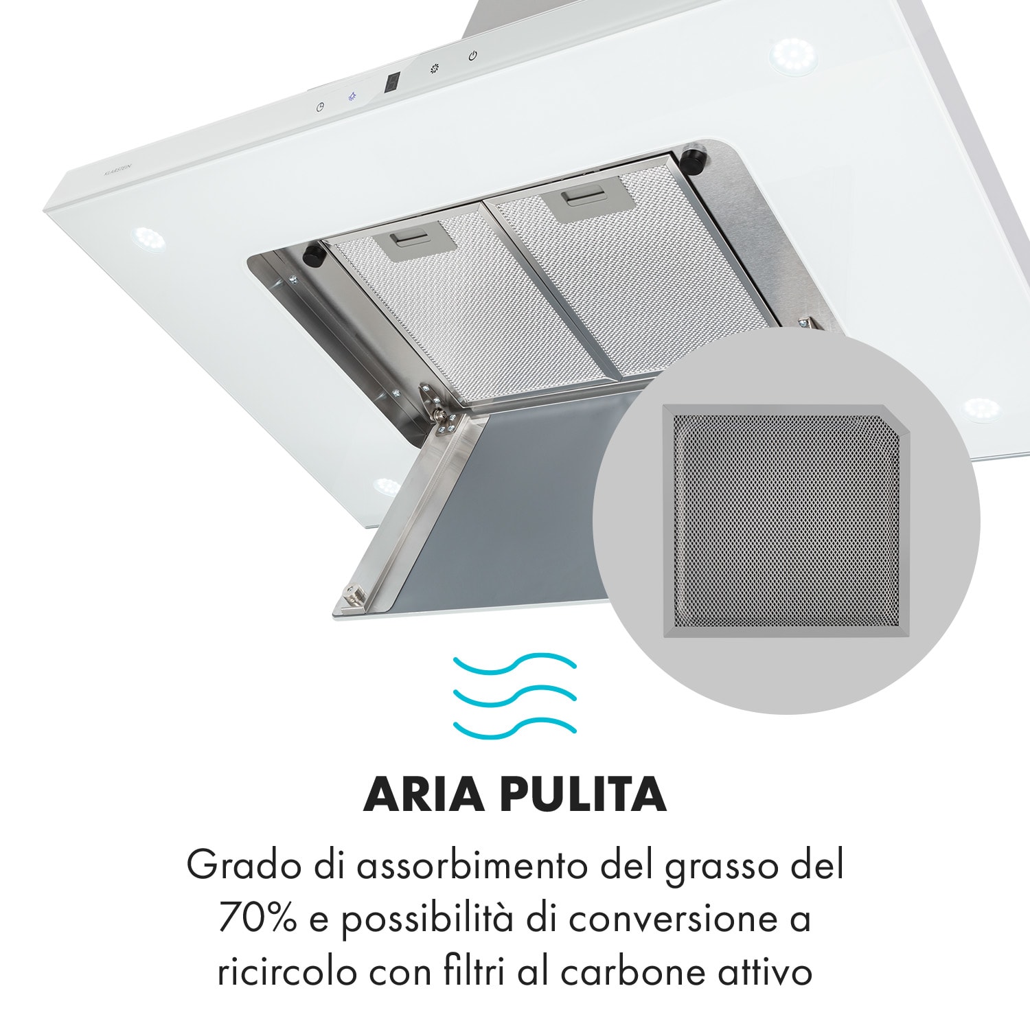 Valeria, cappa a isola, 90cm, 650m³/h, touch, EEC A, LED, vetro, acciaio inox, bianco Bianco