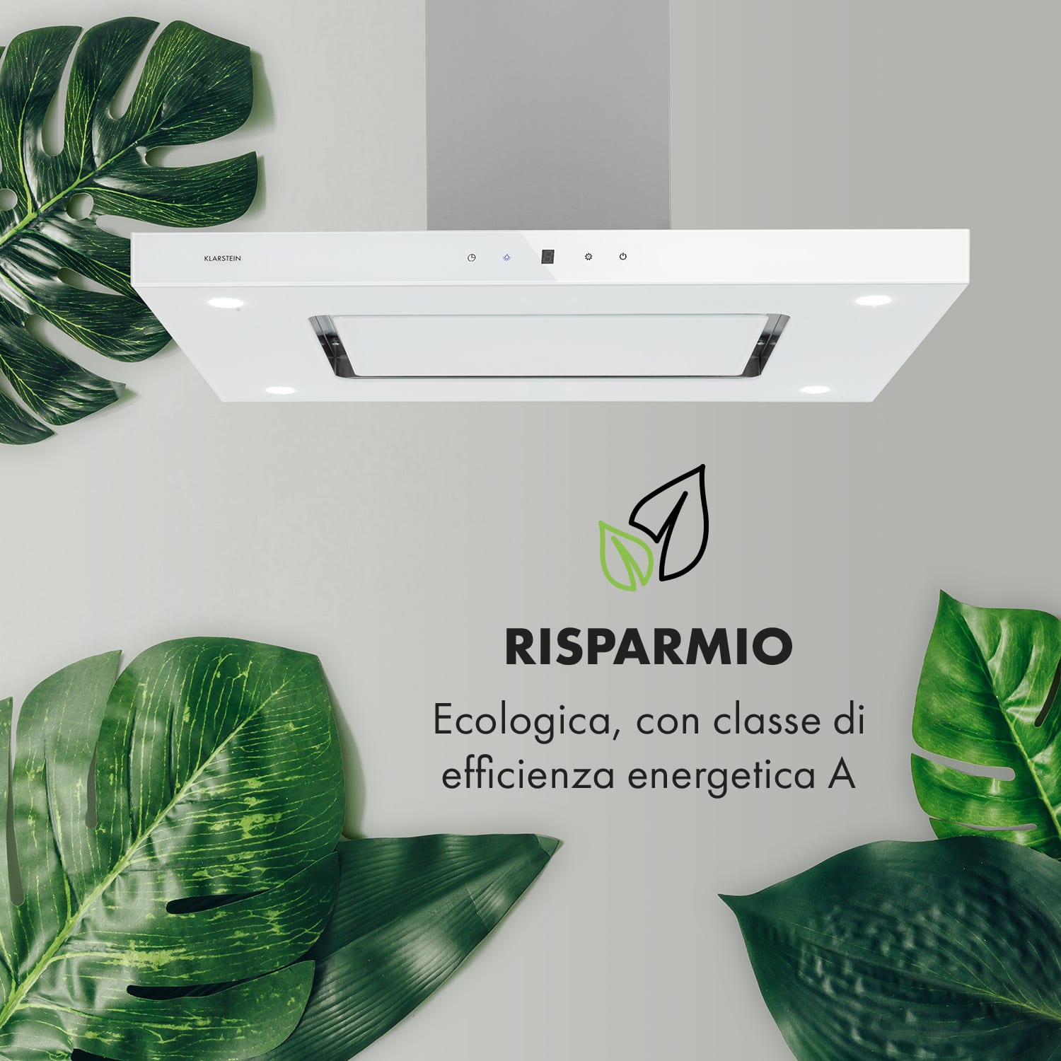 Valeria, cappa a isola, 90cm, 650m³/h, touch, EEC A, LED, vetro, acciaio inox, bianco Bianco