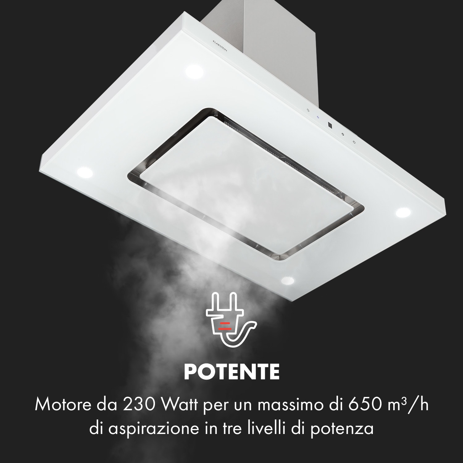 Valeria, cappa a isola, 90cm, 650m³/h, touch, EEC A, LED, vetro, acciaio inox, bianco Bianco