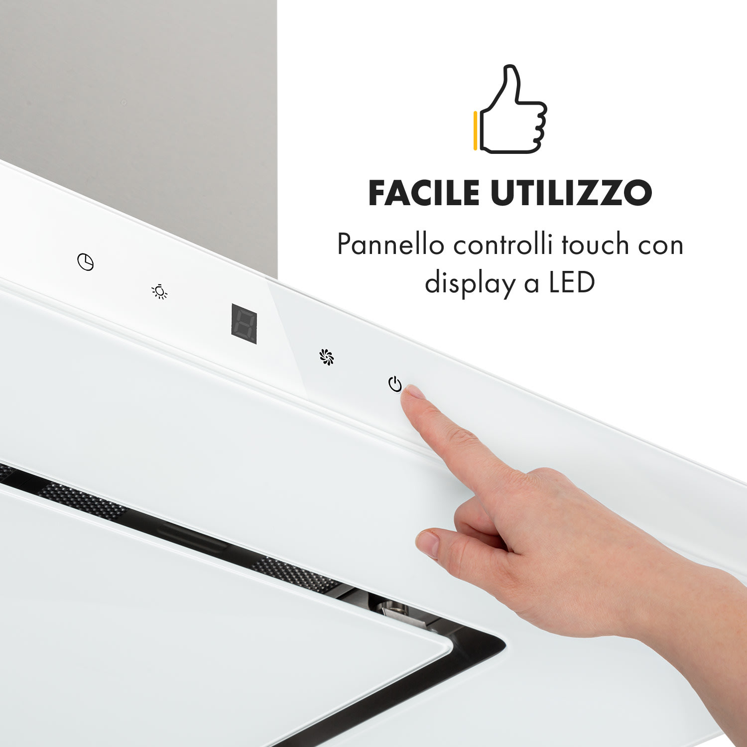 Valeria, cappa a isola, 90cm, 650m³/h, touch, EEC A, LED, vetro, acciaio inox, bianco Bianco