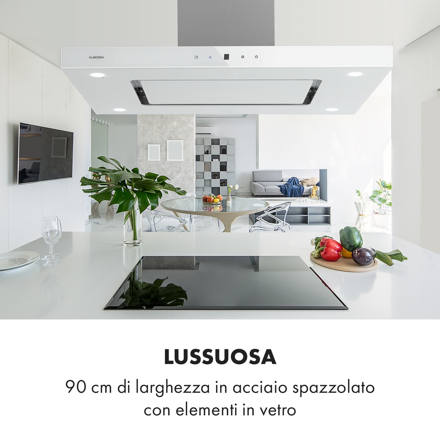 Valeria, cappa a isola, 90cm, 650m³/h, touch, EEC A, LED, vetro, acciaio inox, bianco Bianco