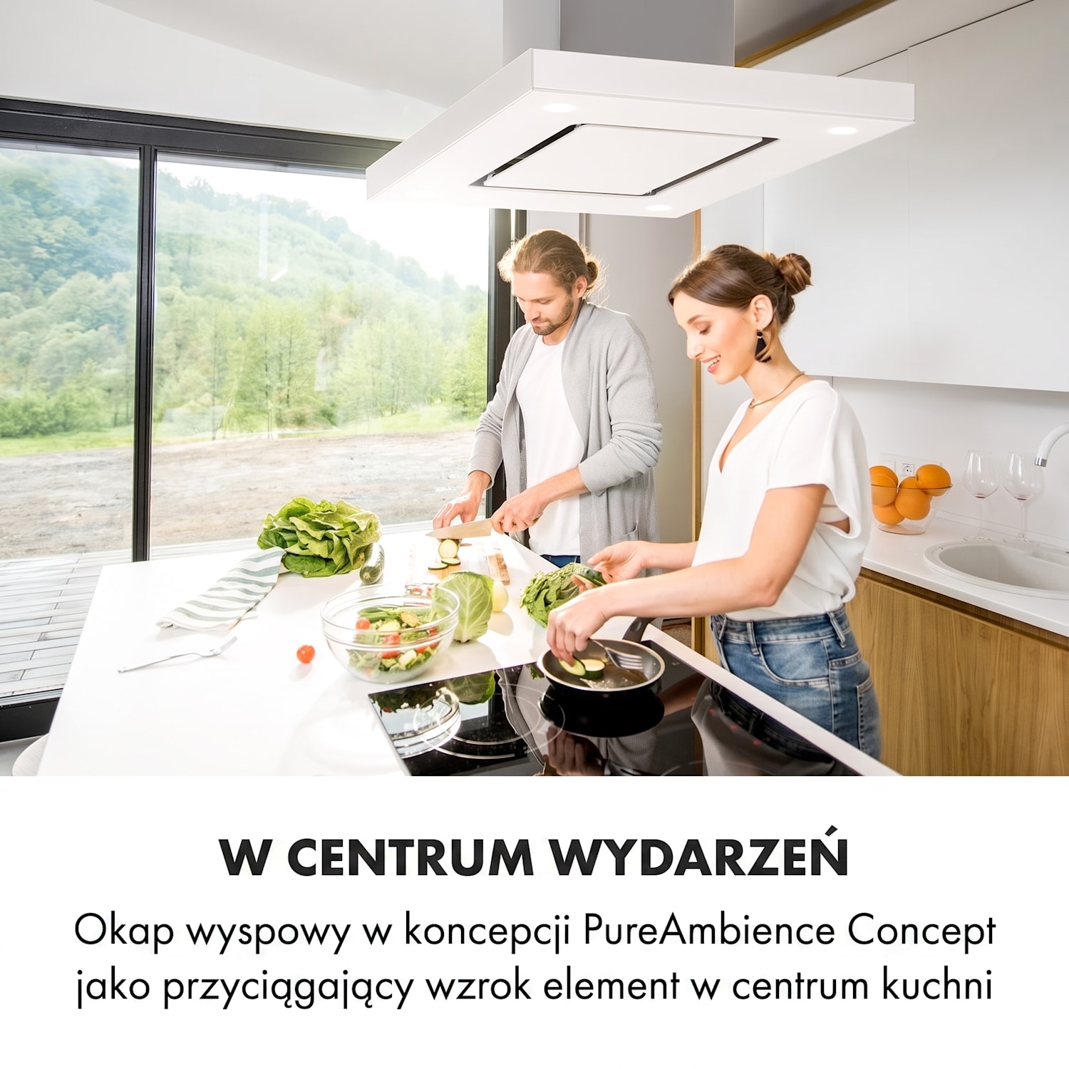 Valeria, okap kuchenny wyspowy, 90 cm, 650 m³/h, panel dotykowy, klasa energetyczna A, LED, szkło, stal szlachetna, kolor biały Biały
