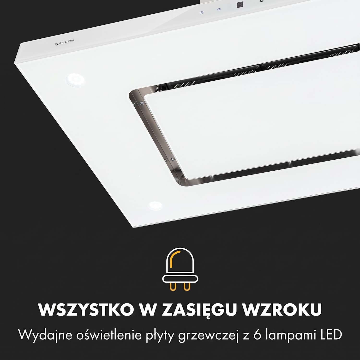 Valeria, okap kuchenny wyspowy, 90 cm, 650 m³/h, panel dotykowy, klasa energetyczna A, LED, szkło, stal szlachetna, kolor biały Biały