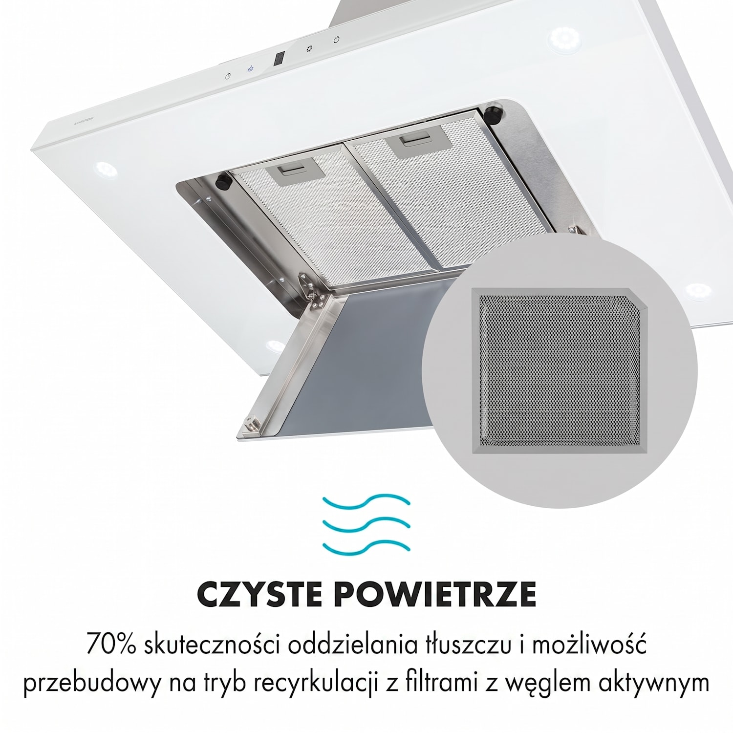 Valeria, okap kuchenny wyspowy, 90 cm, 650 m³/h, panel dotykowy, klasa energetyczna A, LED, szkło, stal szlachetna, kolor biały Biały