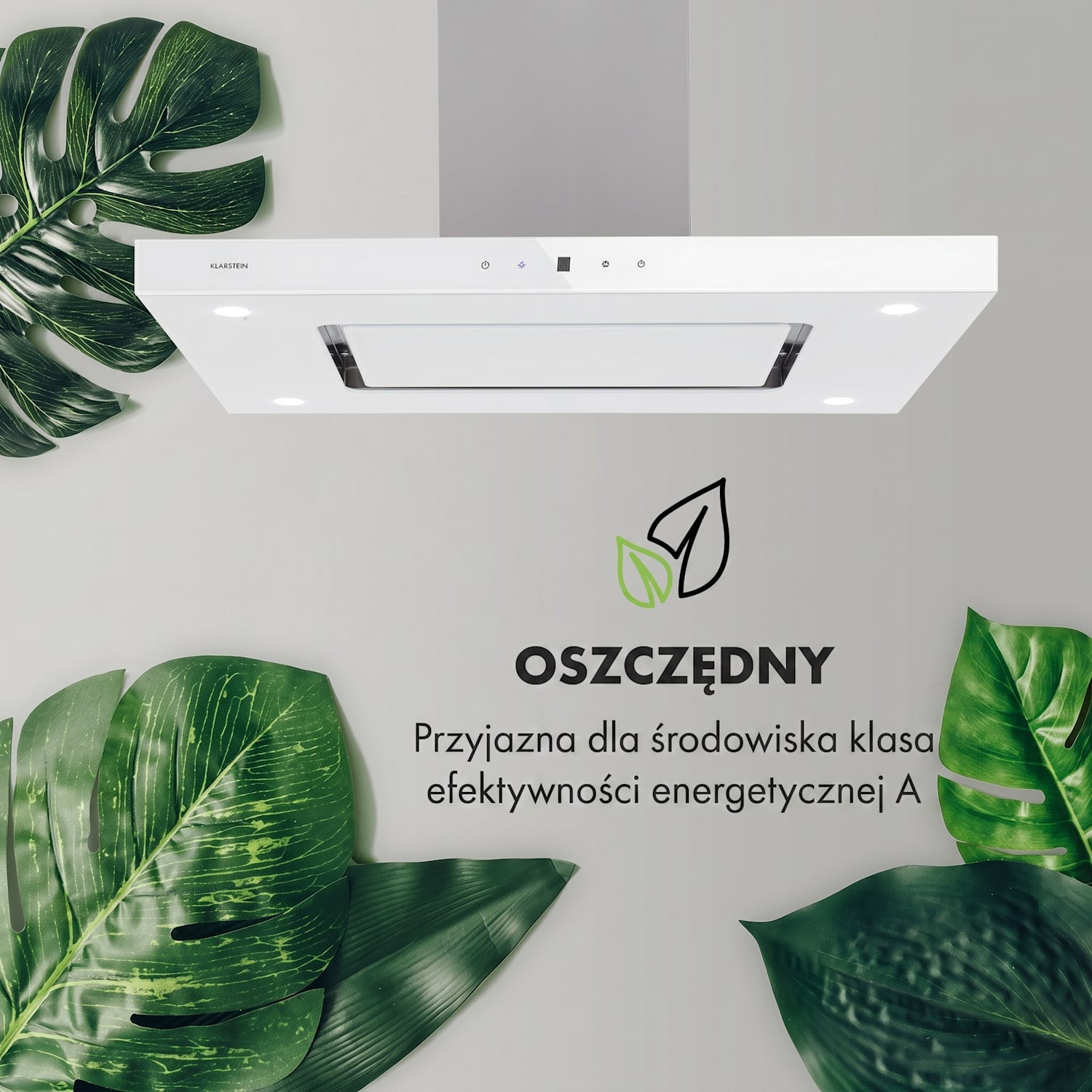 Valeria, okap kuchenny wyspowy, 90 cm, 650 m³/h, panel dotykowy, klasa energetyczna A, LED, szkło, stal szlachetna, kolor biały Biały