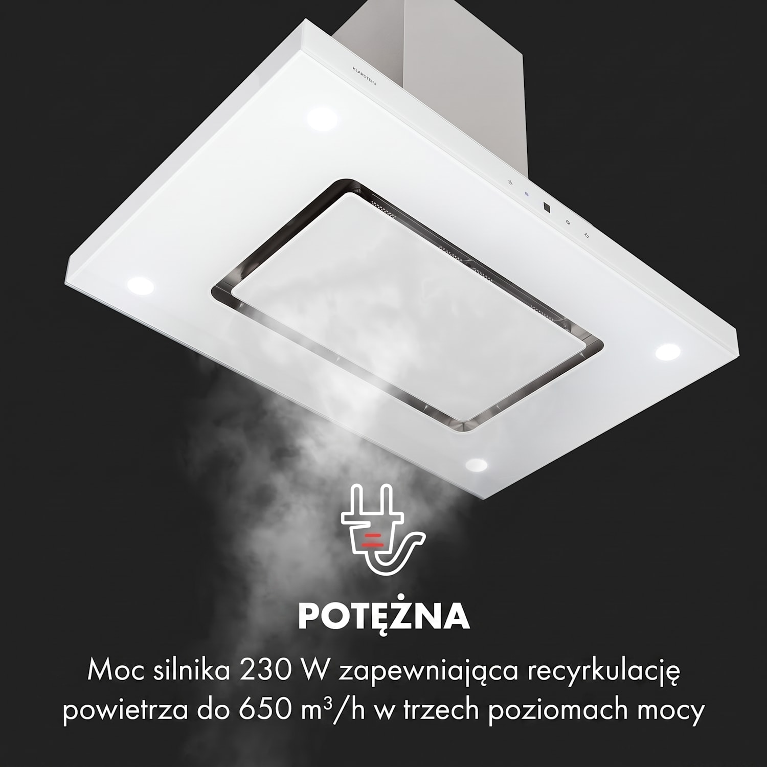 Valeria, okap kuchenny wyspowy, 90 cm, 650 m³/h, panel dotykowy, klasa energetyczna A, LED, szkło, stal szlachetna, kolor biały Biały