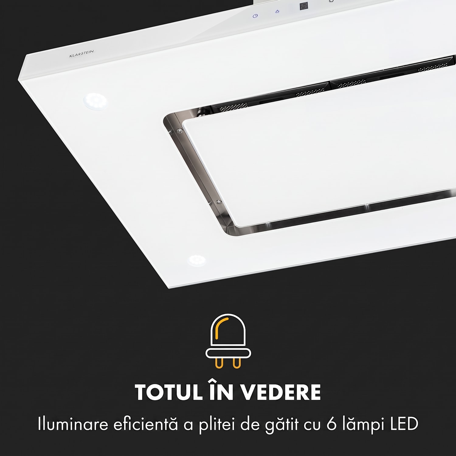 Valeria, hotă, 90 cm, 642 m³ / h, touch, clasa energetică A, LED, sticlă, oțel inoxidabil, albă Alb