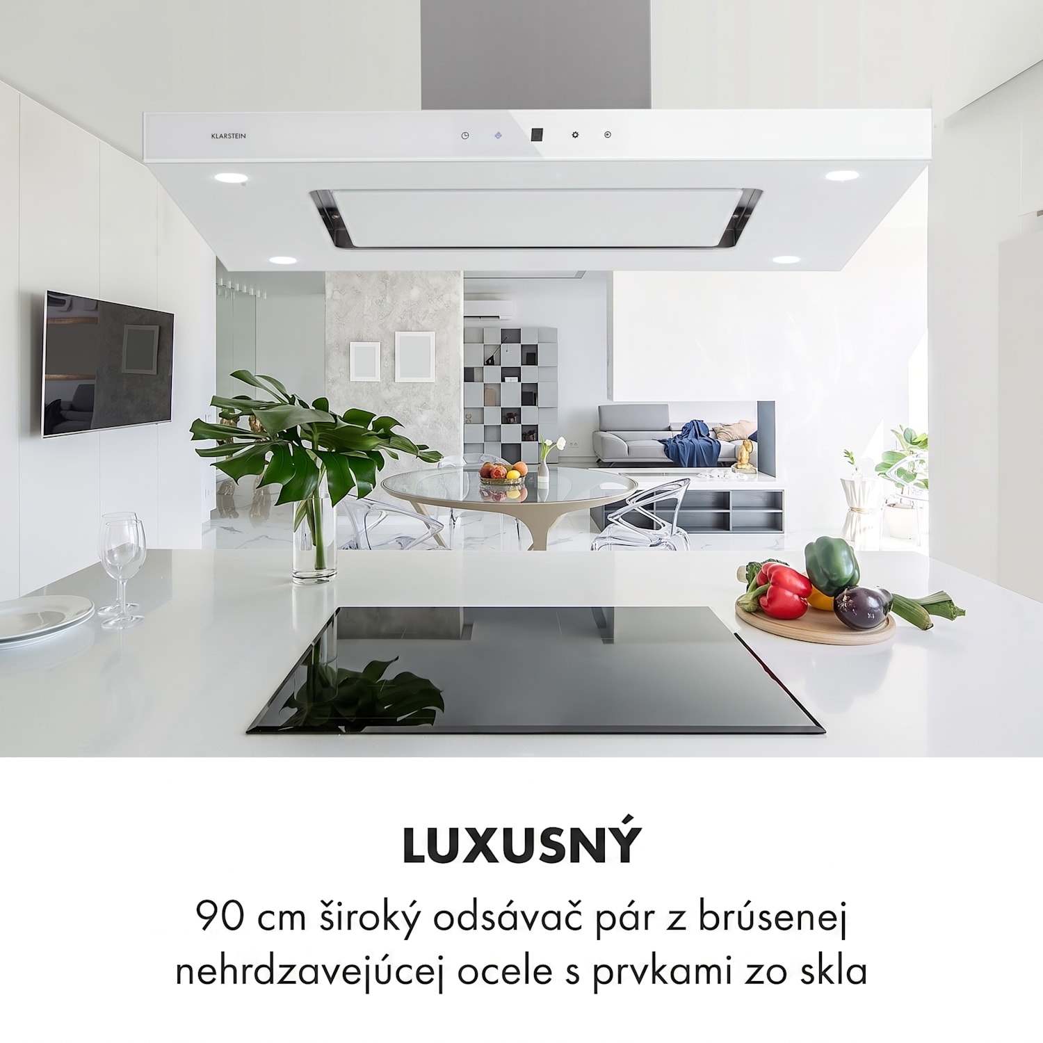 Valeria, digestor, 90 cm, ostrovčekový, 650 m³/h, dotykový panel, LED, sklo, nehrdzavejúca oceľ, biely Biela