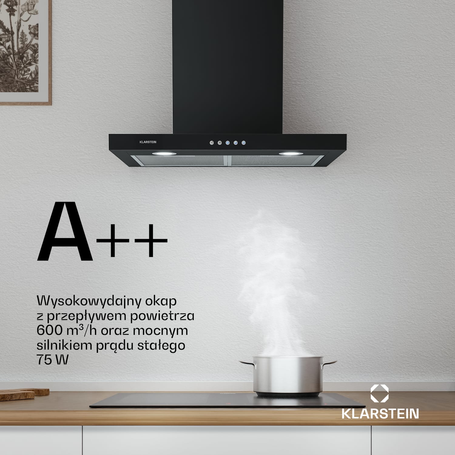 Limelight, okap kuchenny przyścienny, 60 cm, 600 m³/h, kolor czarny 60 cm | Czarny