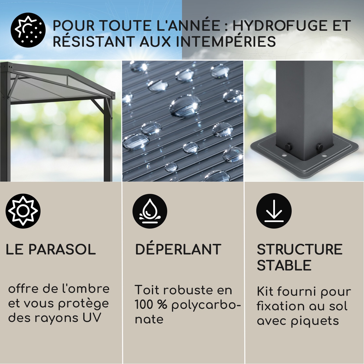 Pantheon Solid Sky Flat Pergola auvent 3x3m polycarbonate gris 3 x 3 m