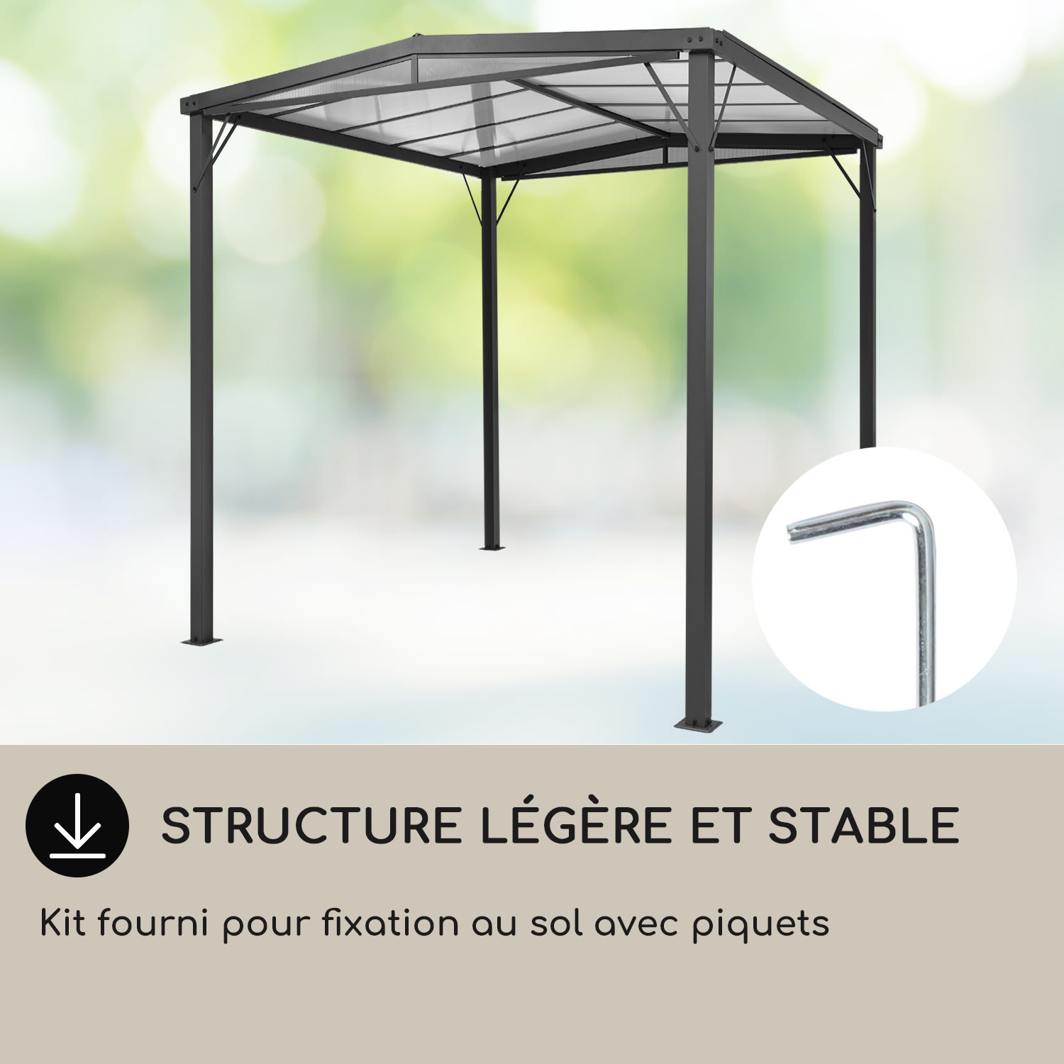 Pantheon Solid Sky Flat Pergola auvent 3x3m polycarbonate gris 3 x 3 m