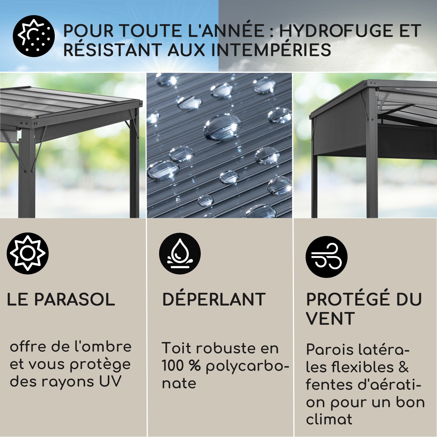 Pantheon Cortina Solid Sky pergola luifel 3x3m polycarbonaat grijs 