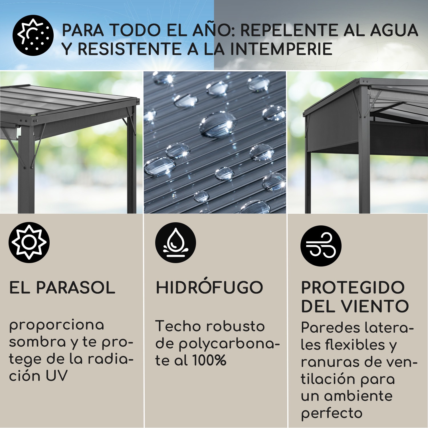 Pantheon Cortina Solid Sky Pérgola Colgadizo de 3x3m Policarbonato Gris 