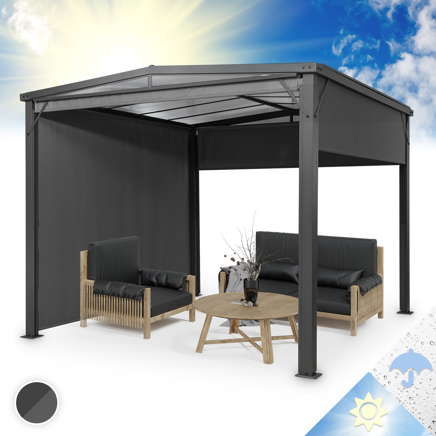 Pantheon Cortina Solid Sky pergola luifel 3x3m polycarbonaat grijs 