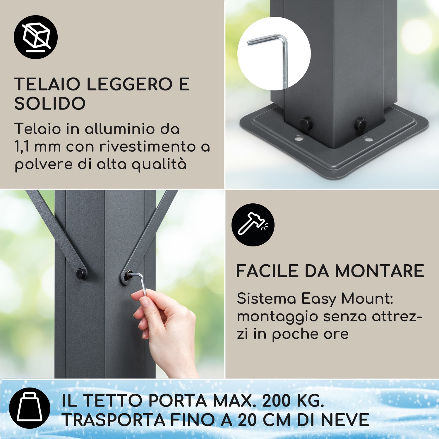 Pantheon Cortina Solid Sky pergola pensilina 3x3m policarbonato grigio 