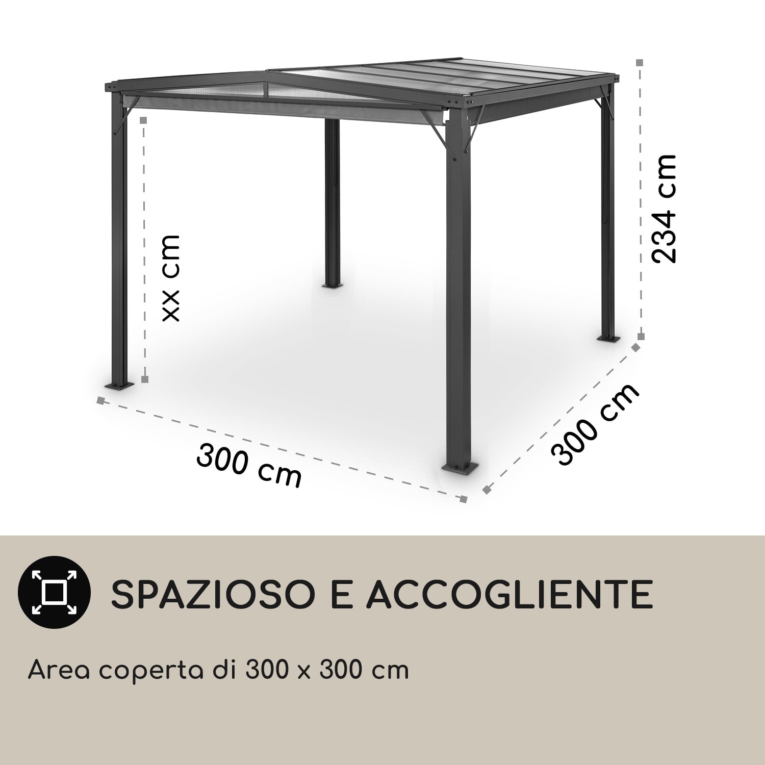 Pantheon Cortina Solid Sky pergola pensilina 3x3m policarbonato grigio 