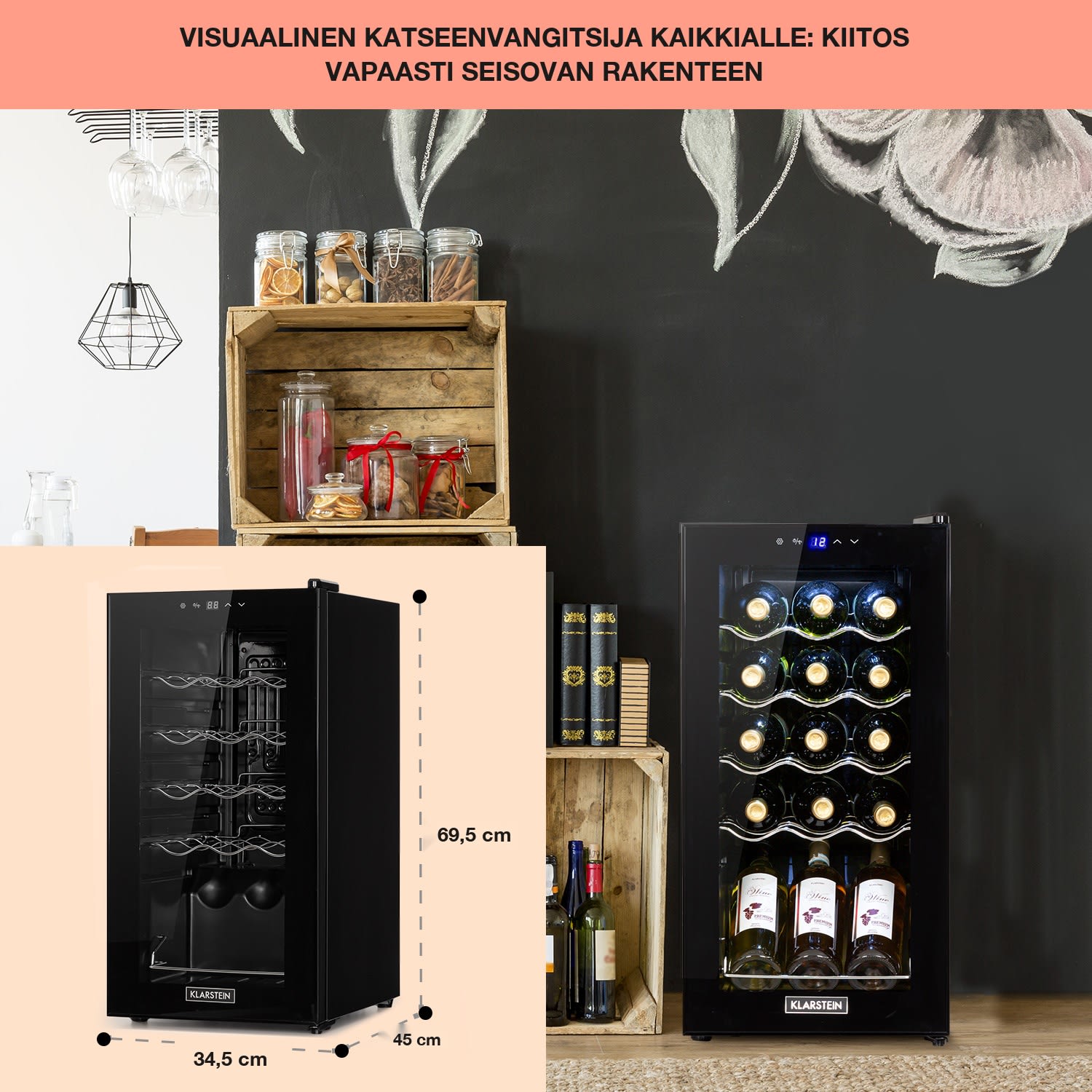 Shiraz 15 Slim Uno viinikaappi 44 l kosketuspaneeli 5-18 °C 15 pulloa | 1 jäähdytysalue | Musta