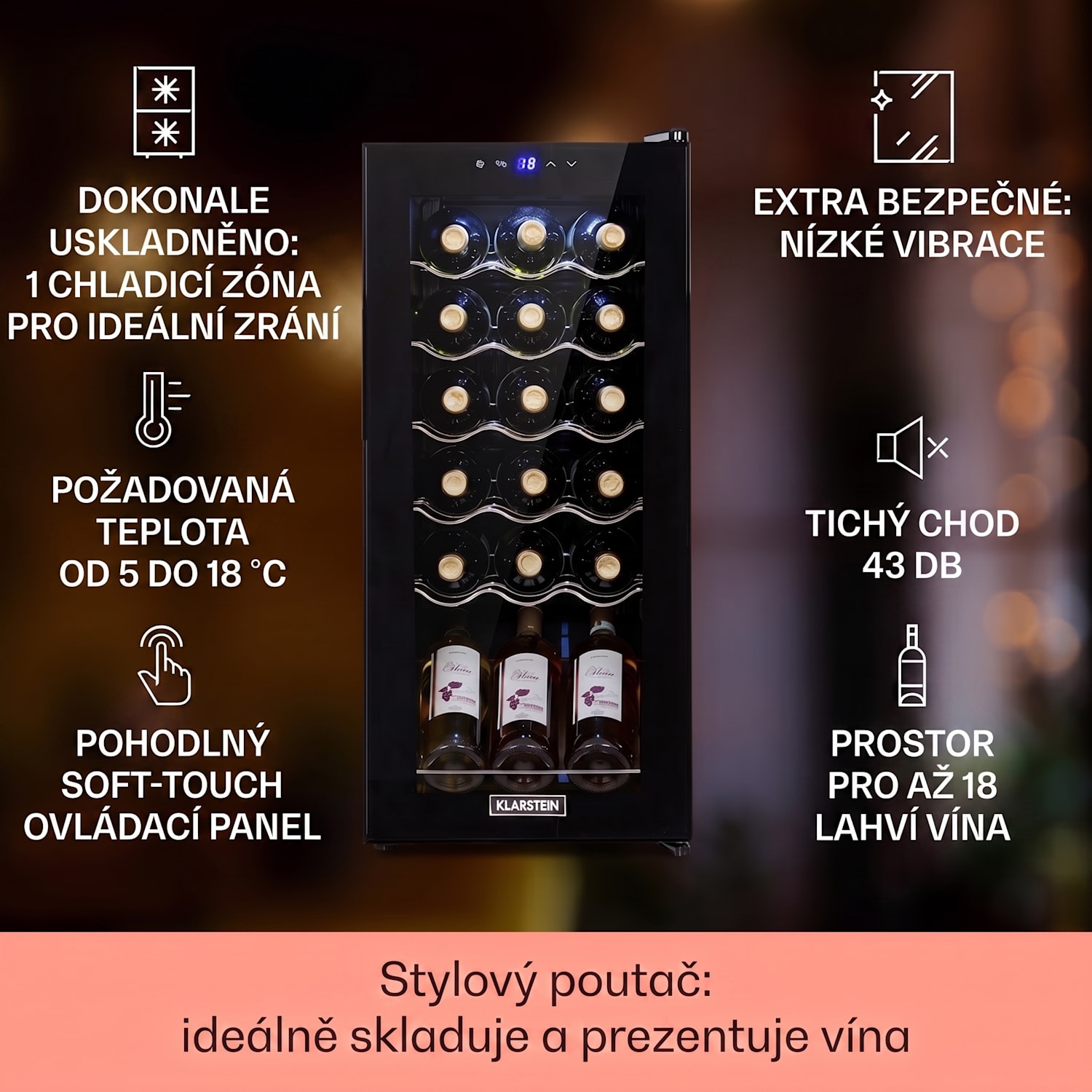 Shiraz 18 Uno, vinotéka, 50 l/18 lahví, 5-18 °C, dotykové ovládání 18 lahví | 1 chladící zóna | Černá