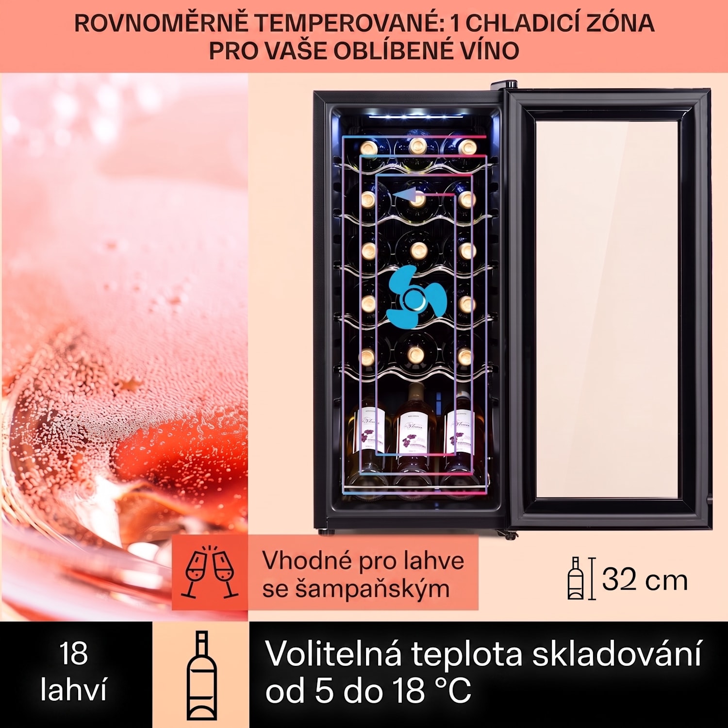 Shiraz 18 Uno, vinotéka, 50 l/18 lahví, 5-18 °C, dotykové ovládání 18 lahví | 1 chladící zóna | Černá