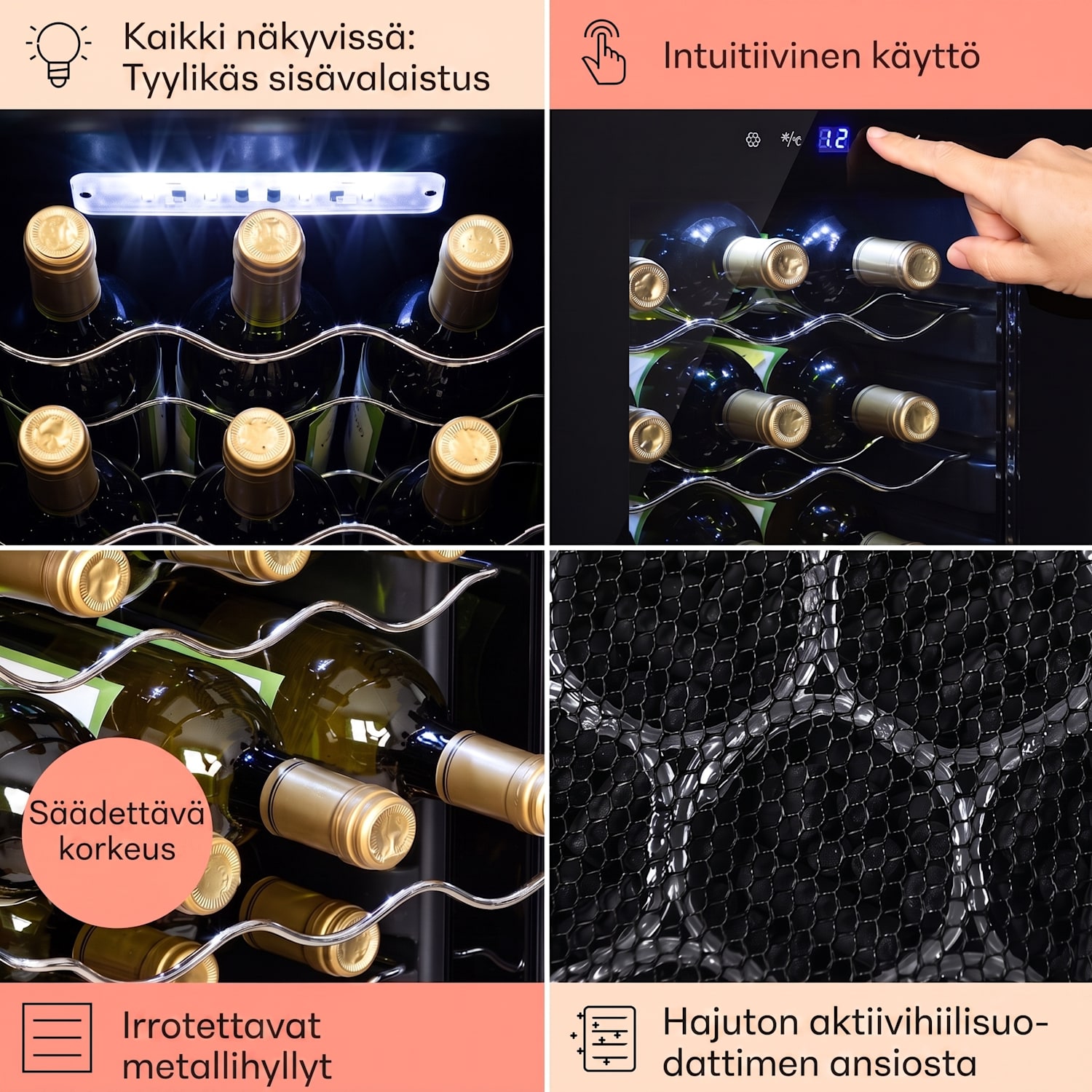 Shiraz 18 Uno viinikaappi 50 l 18 pullolle kosketuspaneeli 5-18 °C 18 pulloa | 1 jäähdytysalue | Musta