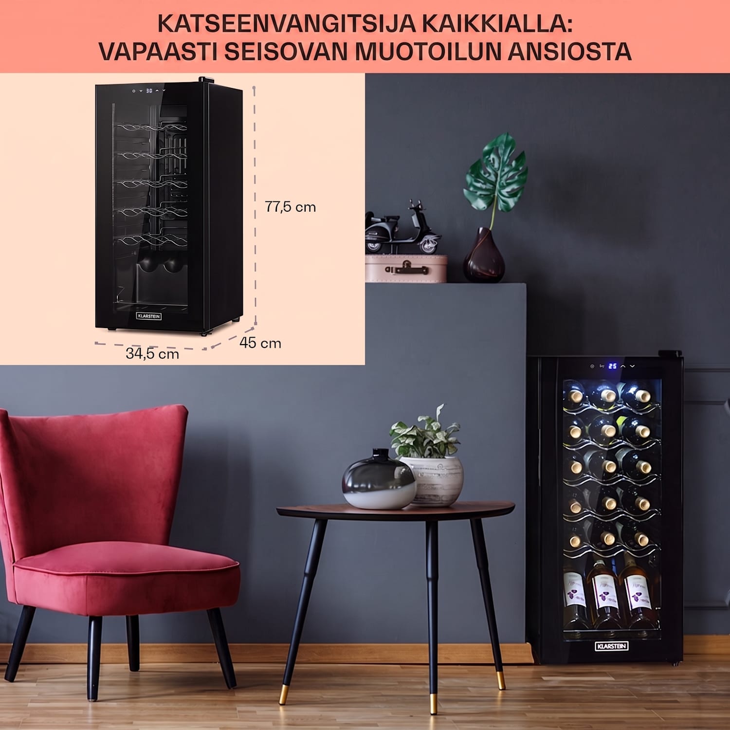 Shiraz 18 Uno viinikaappi 50 l 18 pullolle kosketuspaneeli 5-18 °C 18 pulloa | 1 jäähdytysalue | Musta