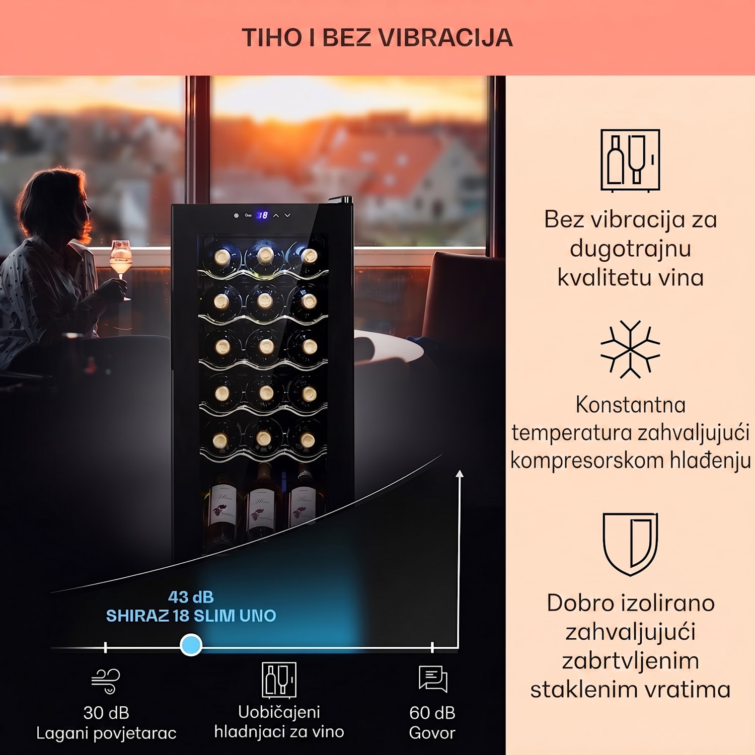 Shiraz 18 Uno, hladnjak za vino, 50l, 18f, l touch control panel, 5-18°C 18 fliaš | 1 | Crna