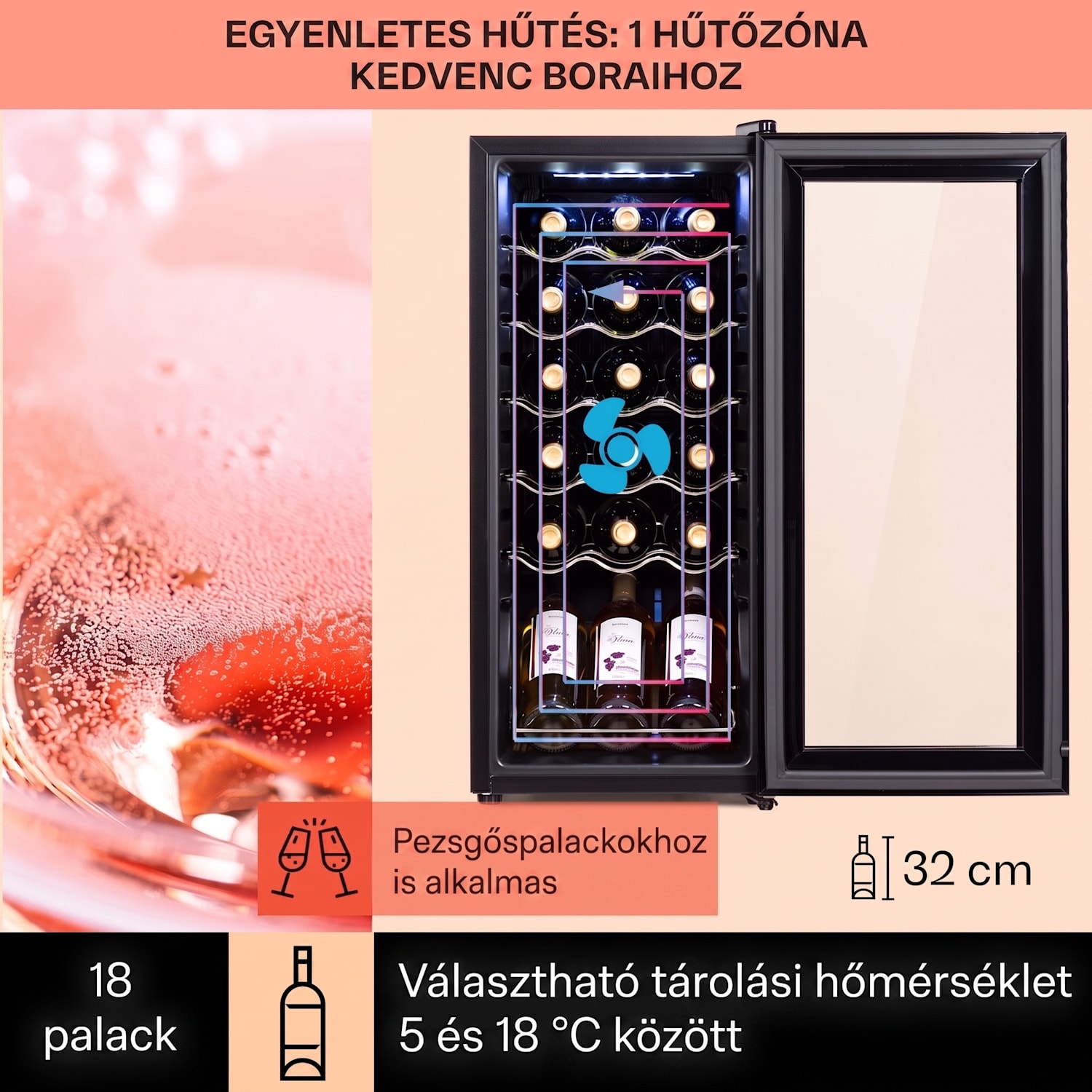 Shiraz 18 Uno, borhűtő, 50 liter, 18 palack, 5-18°C, érintőképernyős vezérlőpanel 18 palack | 1 hűtőzóna | Fekete