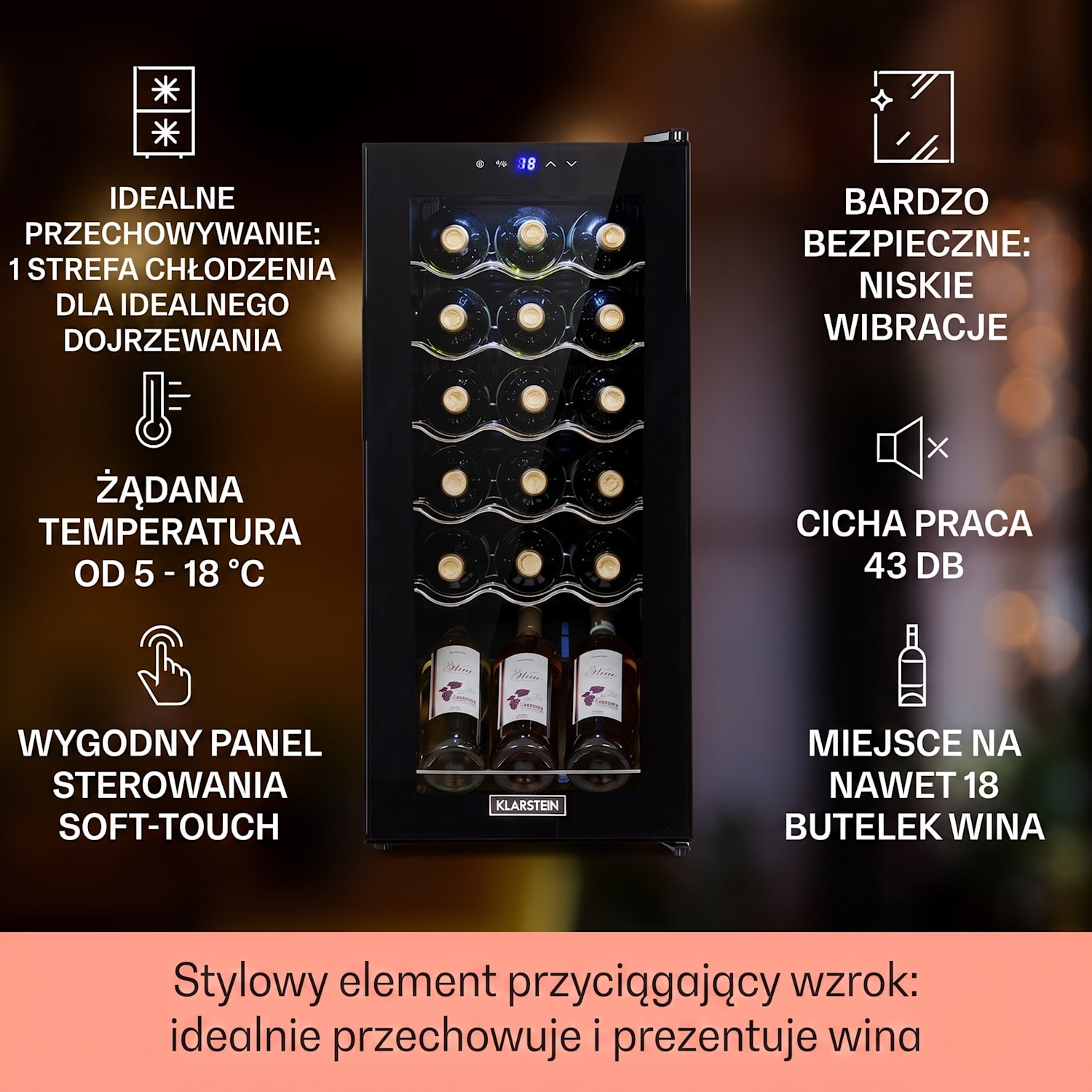 Shiraz 18 Slim Uno, chłodziarka do wina, 50 l, 18 butelek, dotykowy panel sterowania, 5-18°C 18 butelek | 1 strefa chłodzenia | Czarny