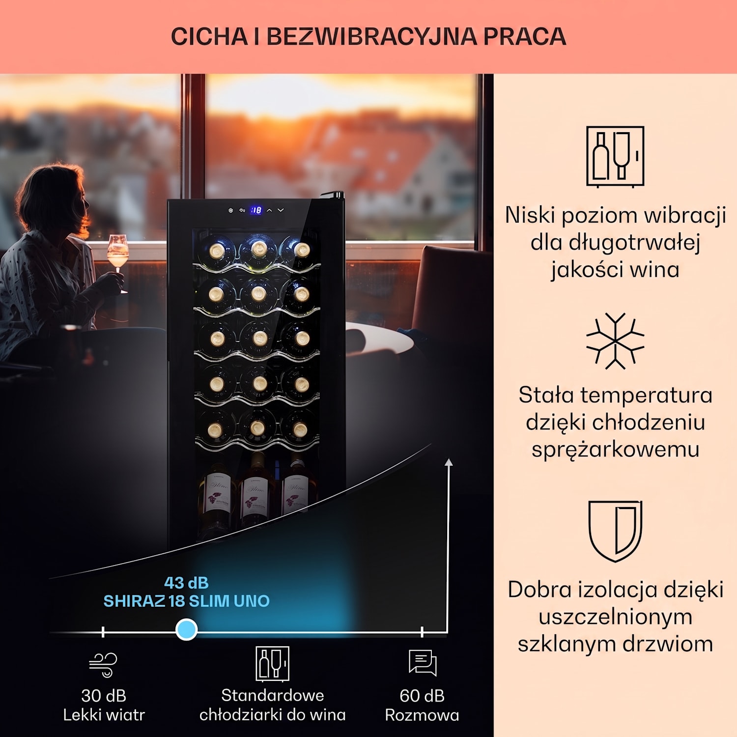 Shiraz 18 Slim Uno, chłodziarka do wina, 50 l, 18 butelek, dotykowy panel sterowania, 5-18°C 18 butelek | 1 strefa chłodzenia | Czarny